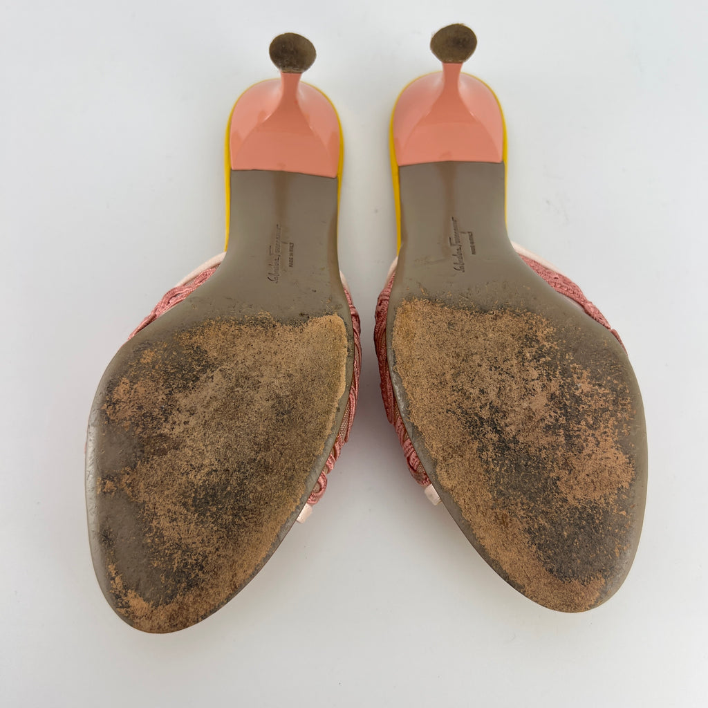Ferragamo | Pink Ribbon Yellow Satin Polka Dot Insole Mules (38.5)