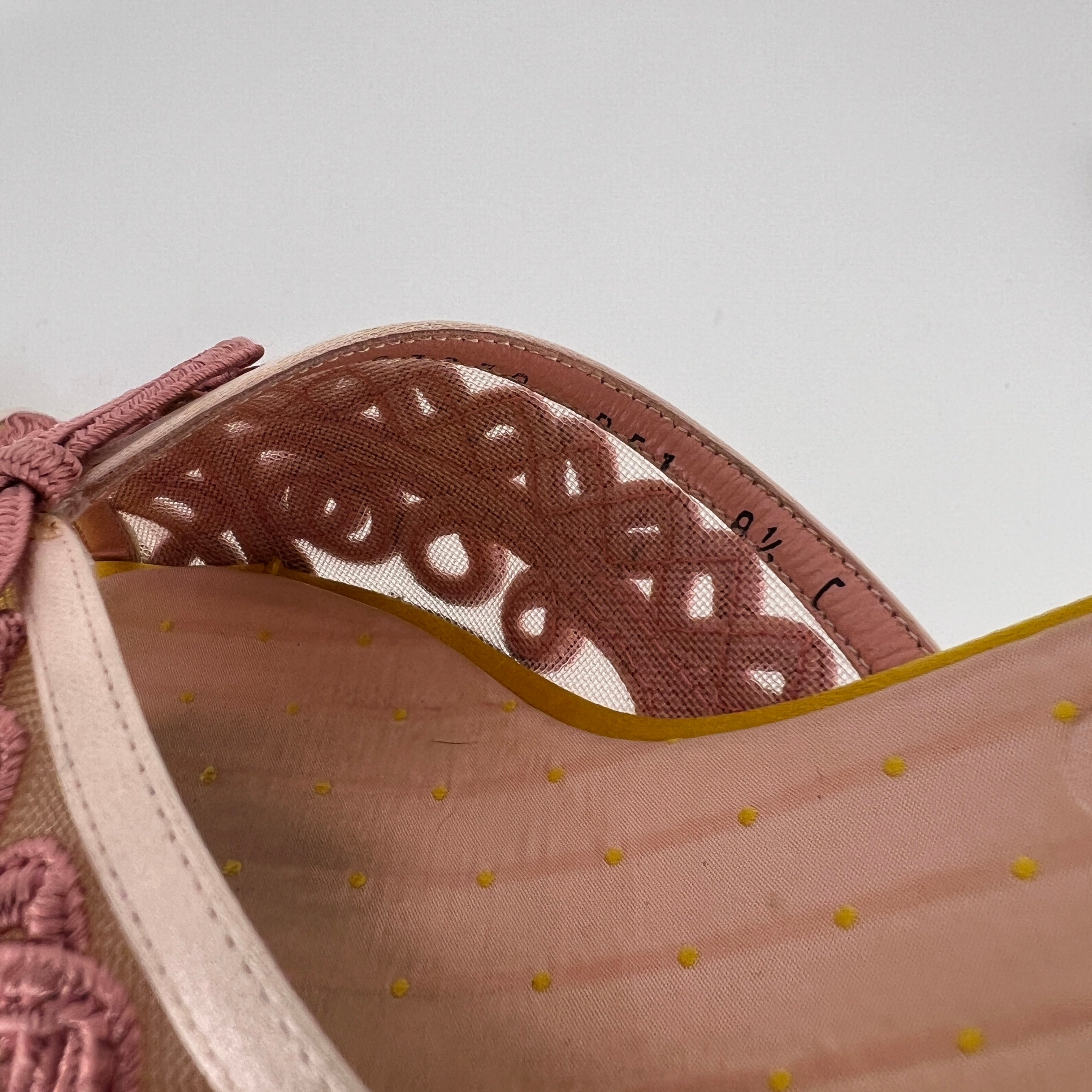 Ferragamo | Pink Ribbon Yellow Satin Polka Dot Insole Mules (38.5)