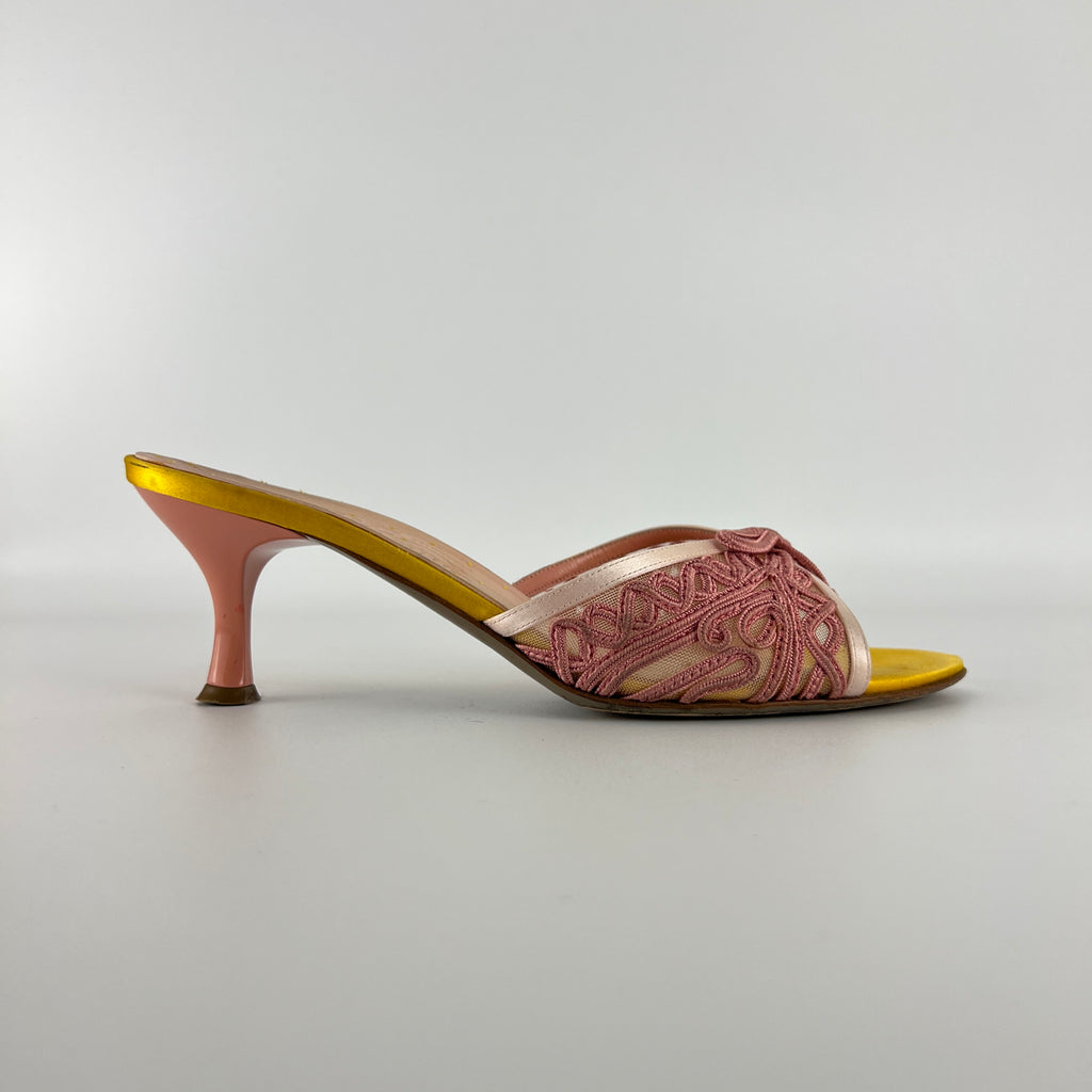 Ferragamo | Pink Ribbon Yellow Satin Polka Dot Insole Mules (38.5)
