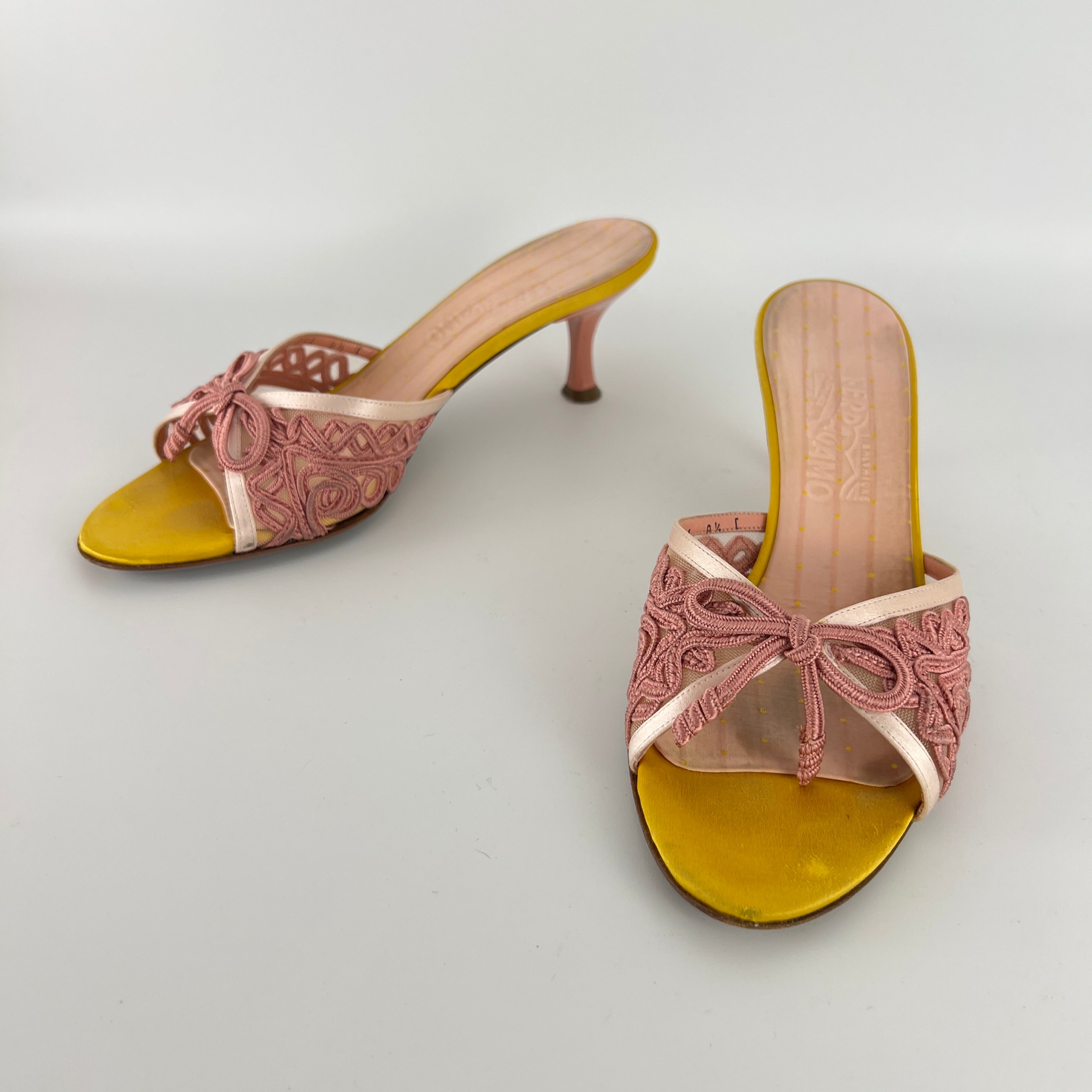 Ferragamo | Pink Ribbon Yellow Satin Polka Dot Insole Mules (38.5)
