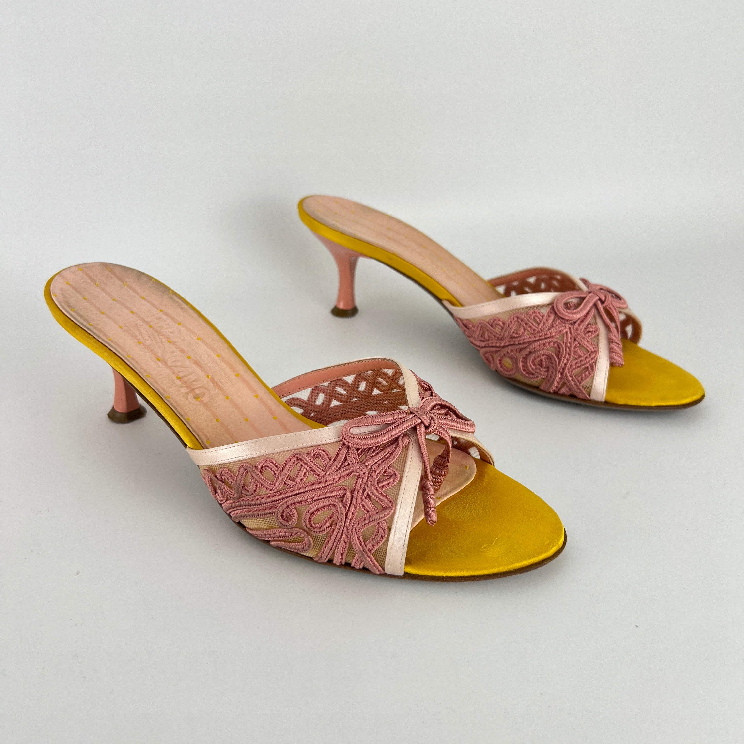 Ferragamo | Pink Ribbon Yellow Satin Polka Dot Insole Mules (38.5)