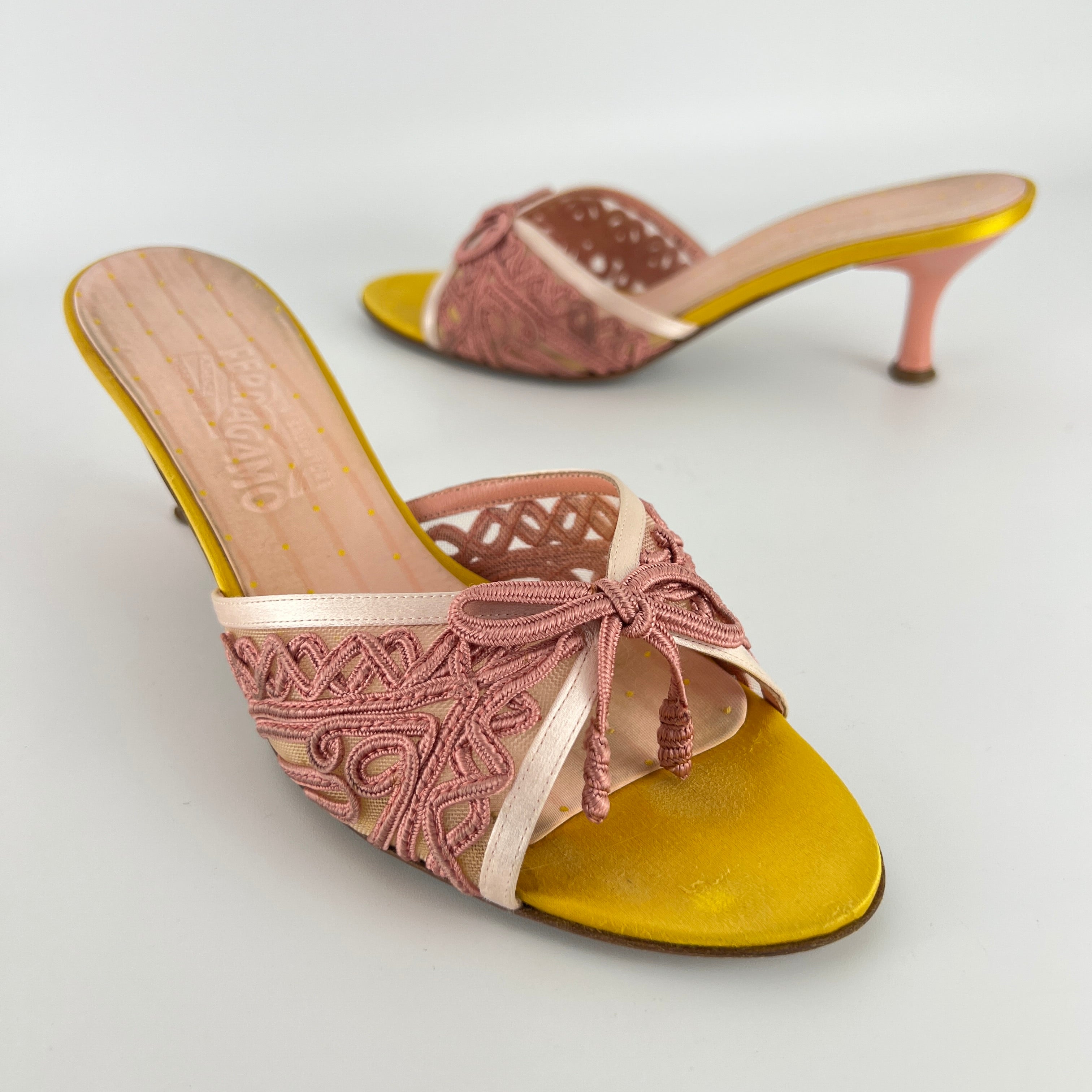 Ferragamo | Pink Ribbon Yellow Satin Polka Dot Insole Mules (38.5)