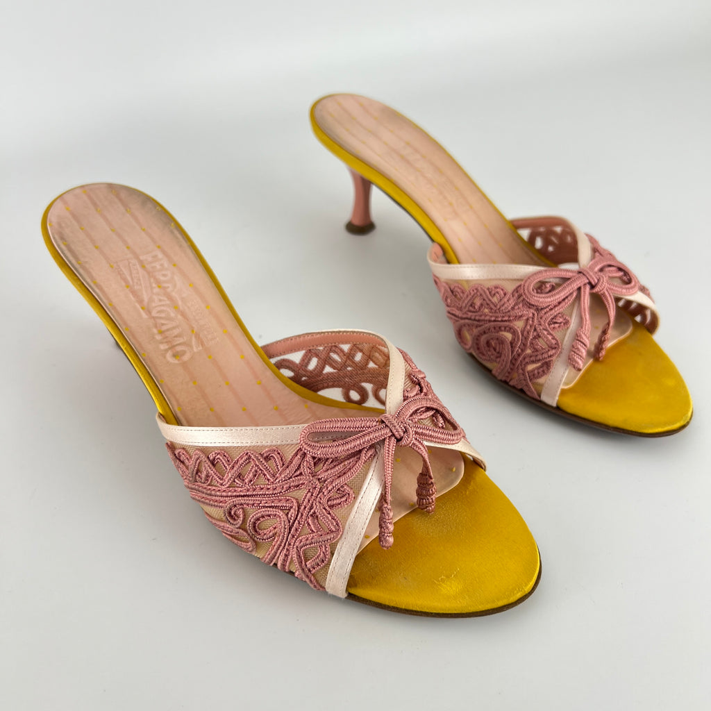 Ferragamo | Pink Ribbon Yellow Satin Polka Dot Insole Mules (38.5)