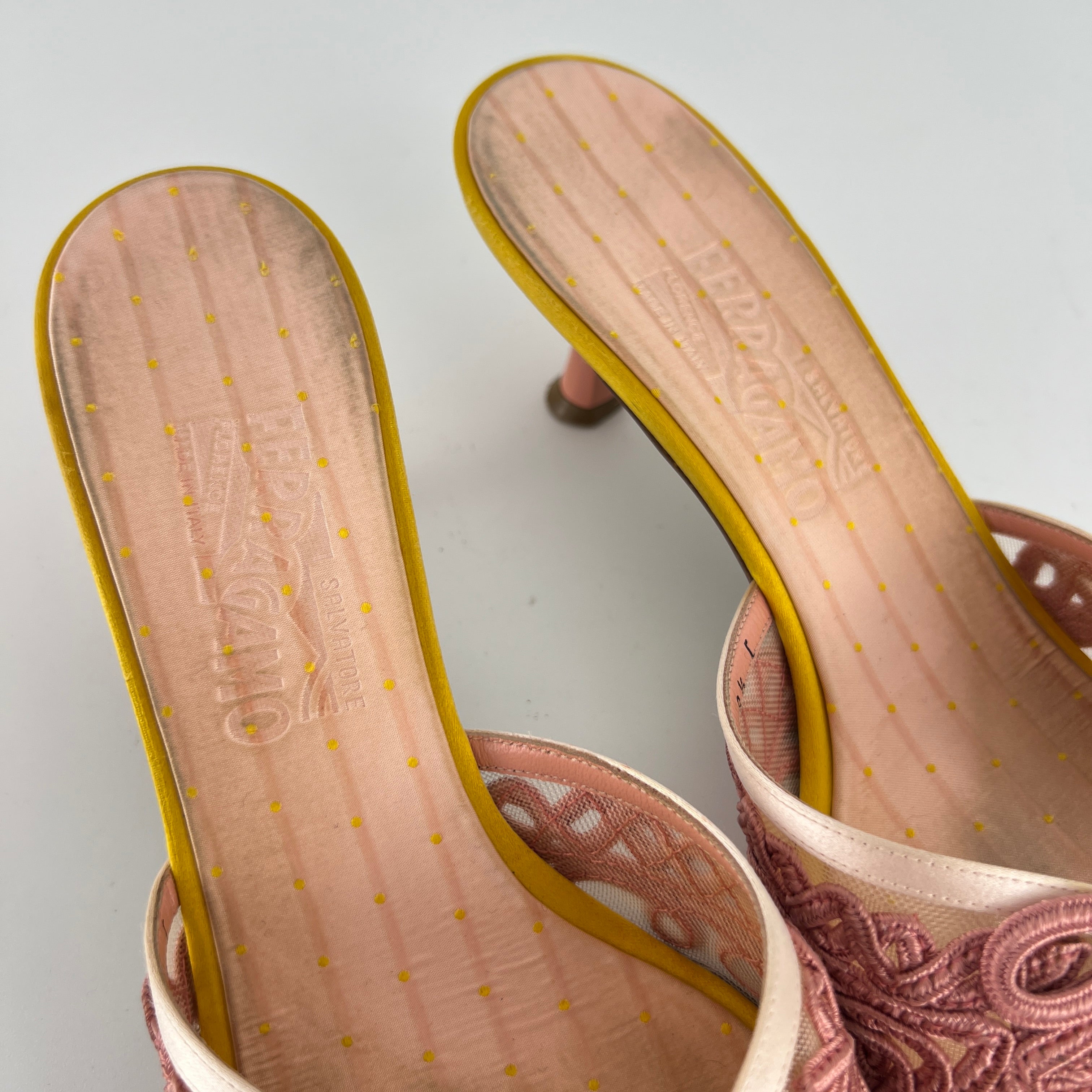 Ferragamo | Pink Ribbon Yellow Satin Polka Dot Insole Mules (38.5)