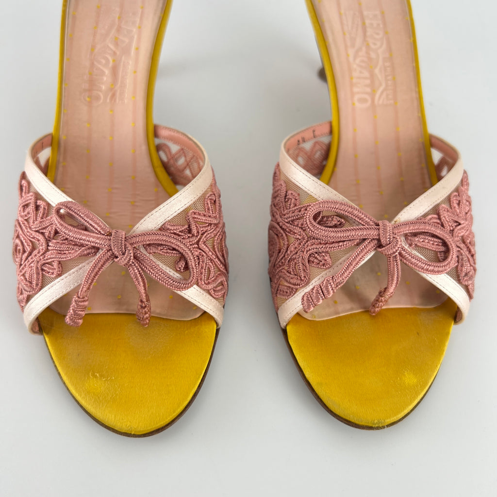Ferragamo | Pink Ribbon Yellow Satin Polka Dot Insole Mules (38.5)