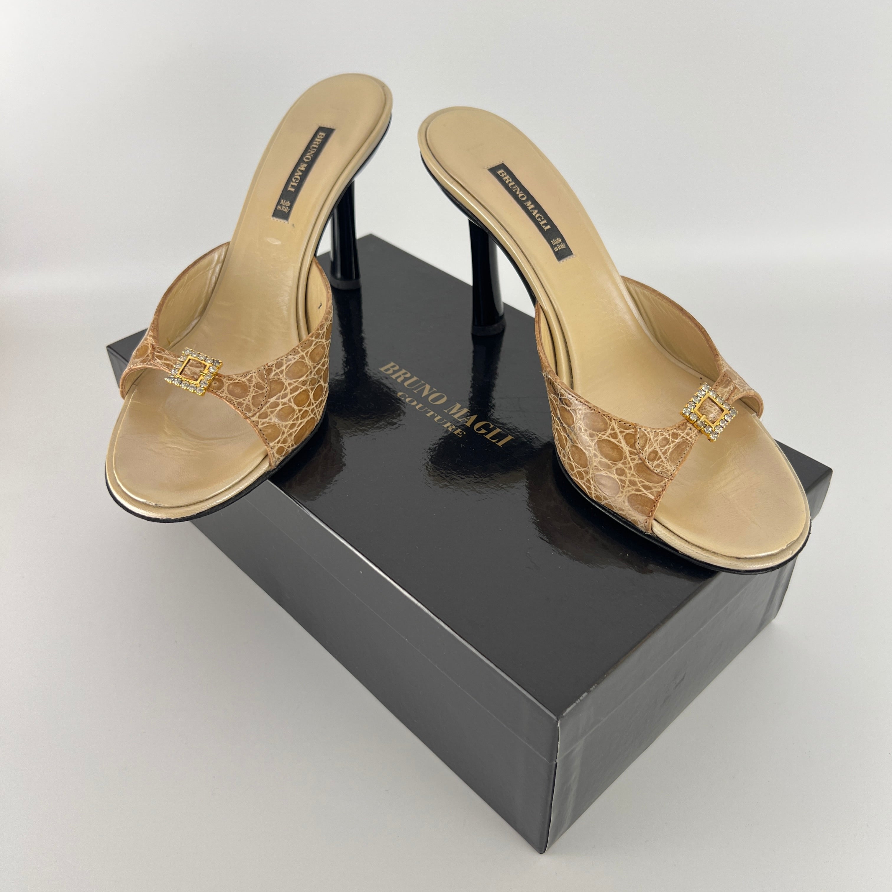 Bruno Magli | Rhinestone Buckle Creme Animal Print Embossed Mules (37)
