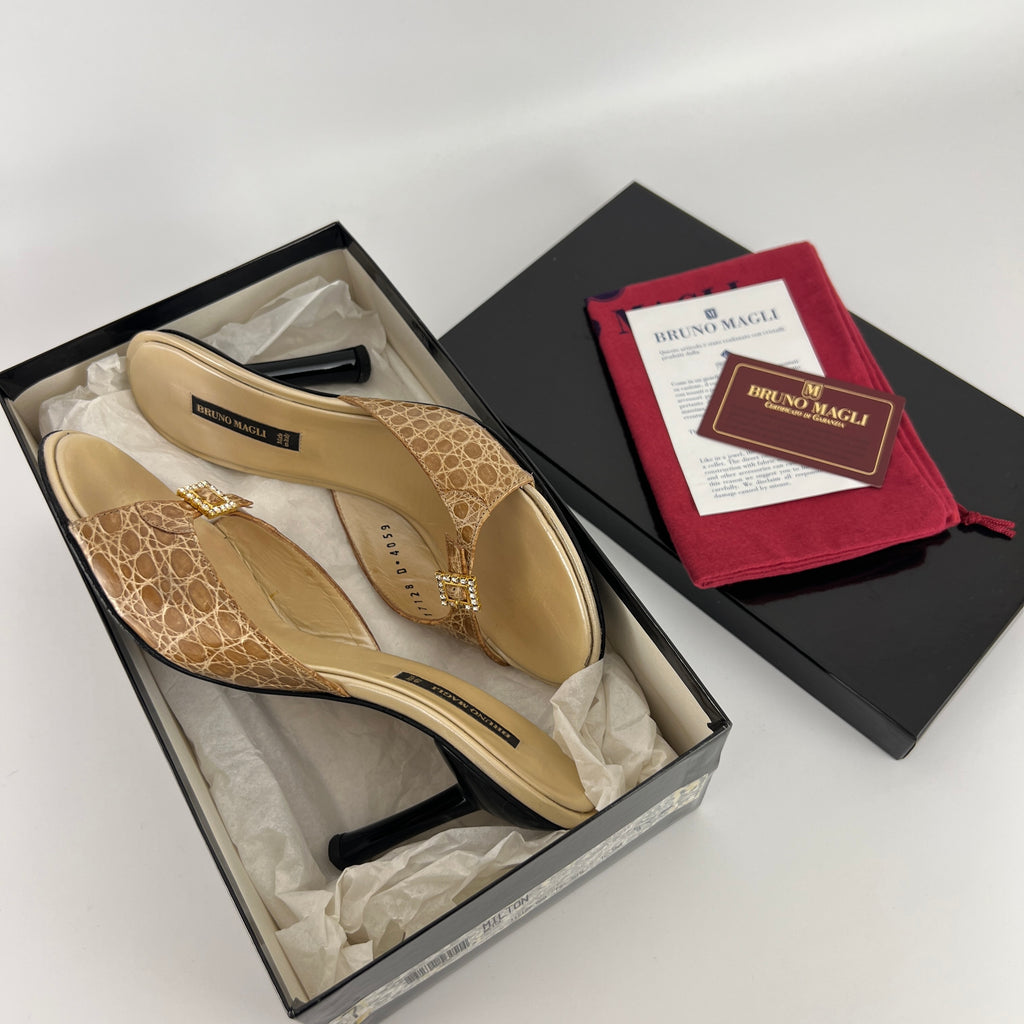 Bruno Magli | Rhinestone Buckle Creme Animal Print Embossed Mules (37)