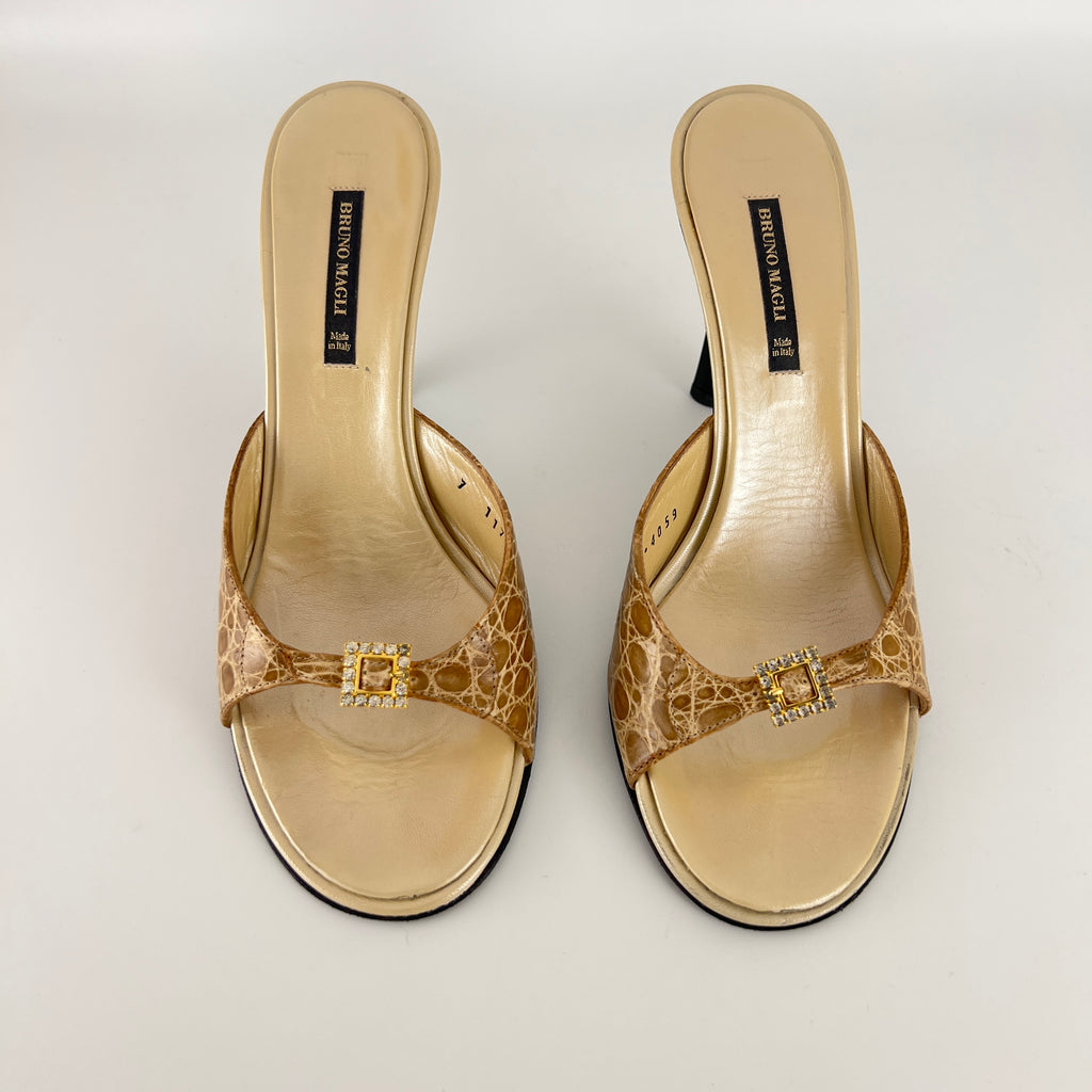 Bruno Magli | Rhinestone Buckle Creme Animal Print Embossed Mules (37)