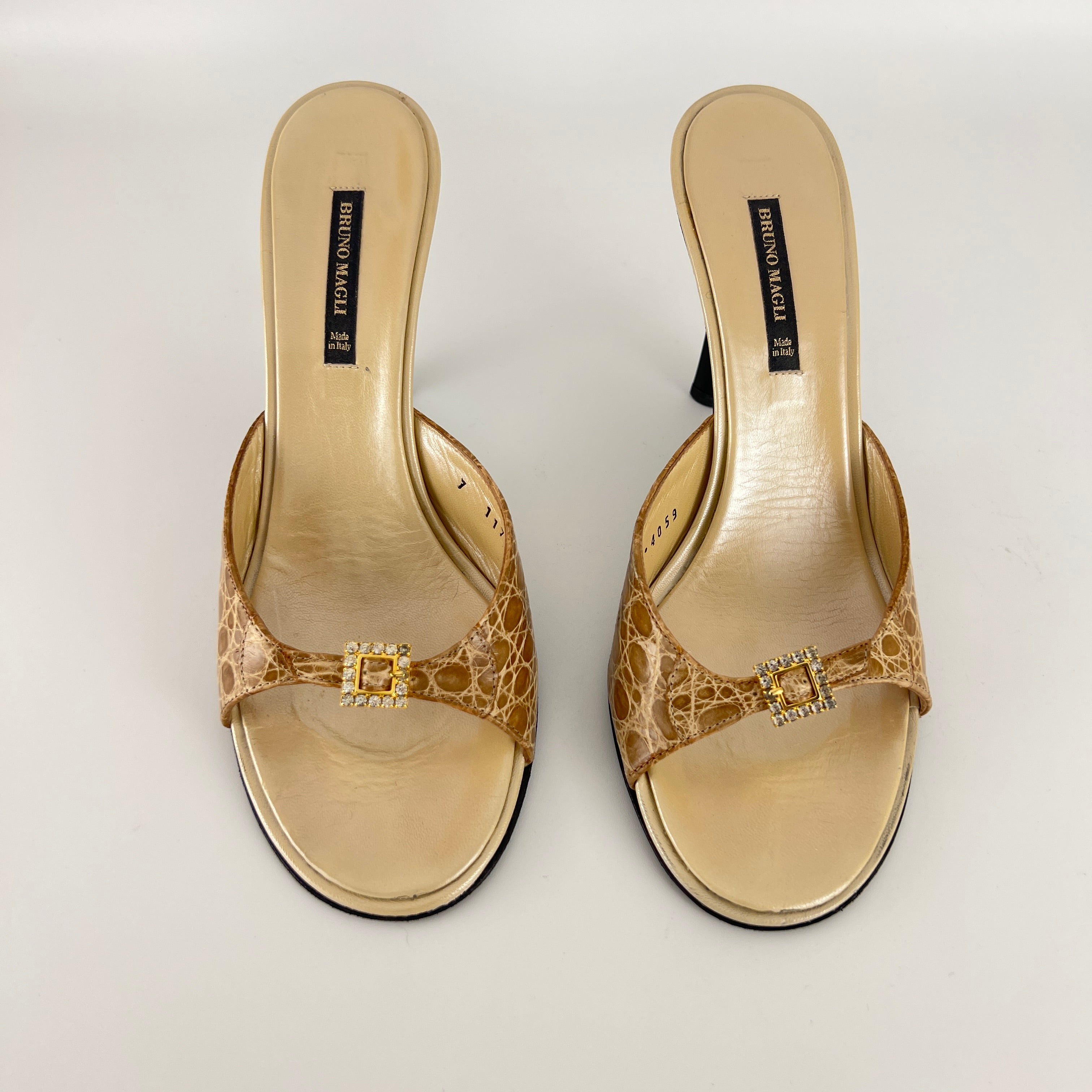 Bruno Magli | Rhinestone Buckle Creme Animal Print Embossed Mules (37)