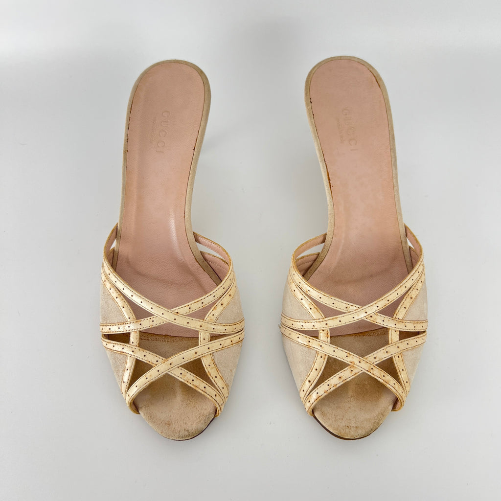 Gucci | Cream Beige Suede Leather Strappy Sandal Slide Mules (36)