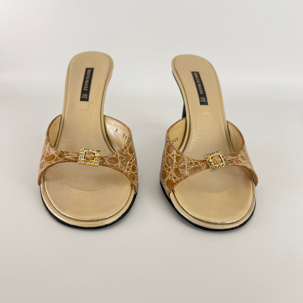 Bruno Magli | Rhinestone Buckle Creme Animal Print Embossed Mules (37)