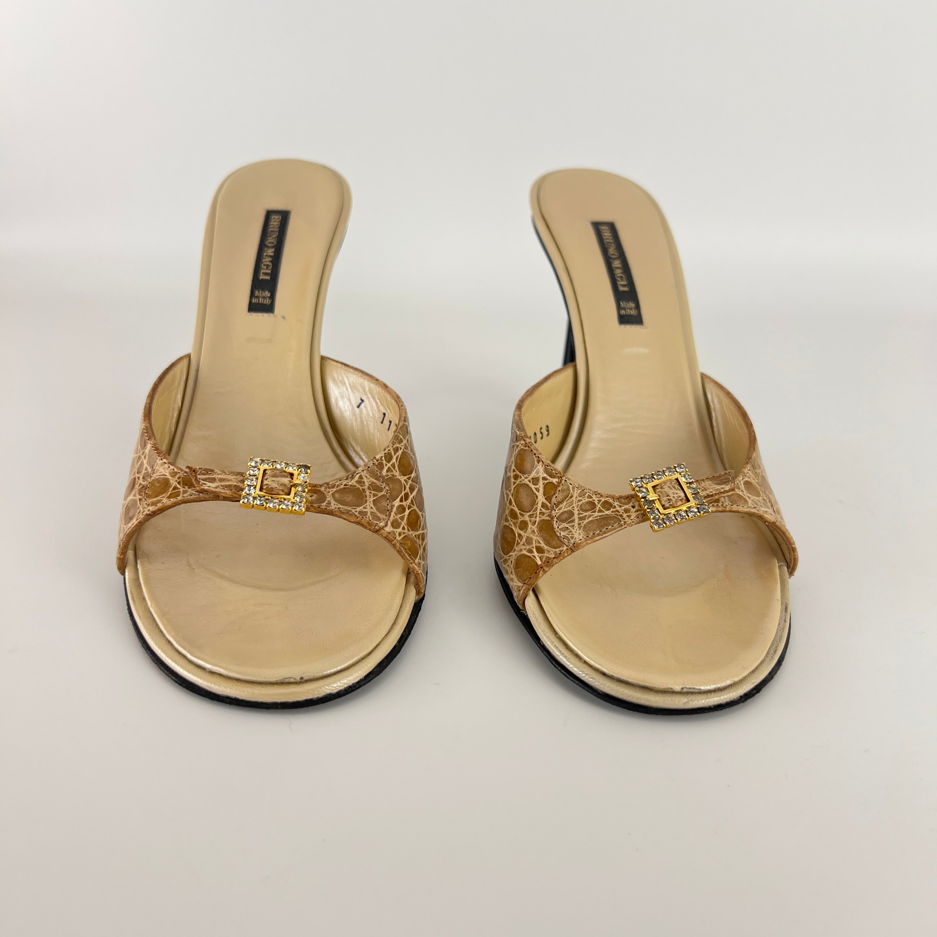 Bruno Magli | Rhinestone Buckle Creme Animal Print Embossed Mules (37)