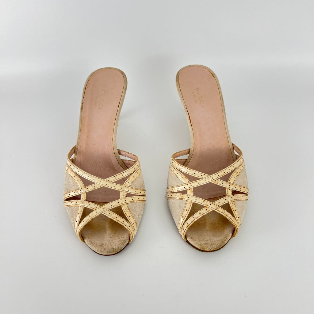 Gucci | Cream Beige Suede Leather Strappy Sandal Slide Mules (36)
