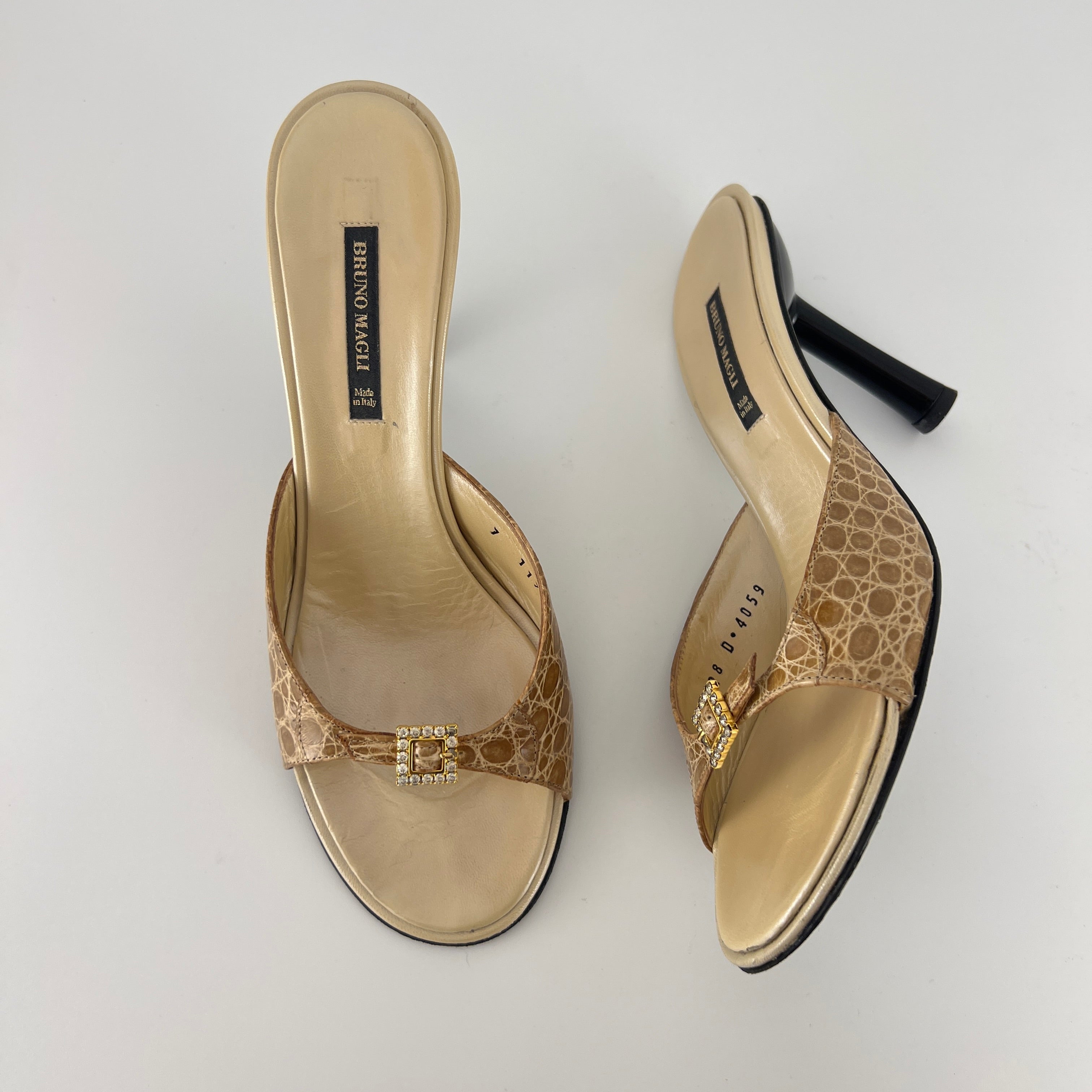 Bruno Magli | Rhinestone Buckle Creme Animal Print Embossed Mules (37)
