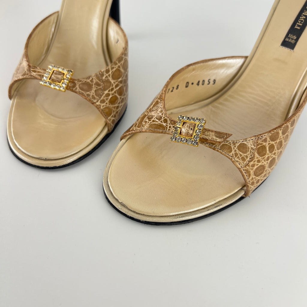 Bruno Magli | Rhinestone Buckle Creme Animal Print Embossed Mules (37)