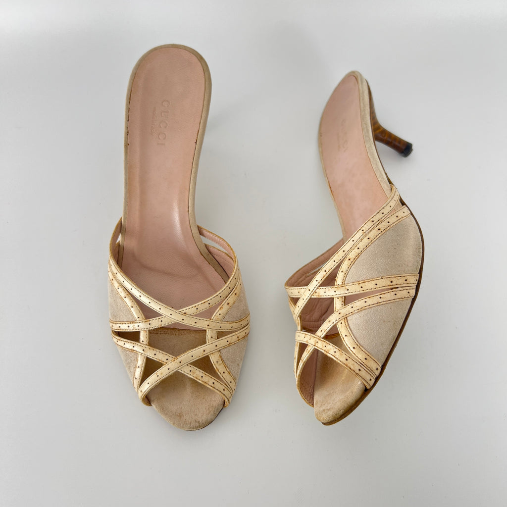 Gucci | Cream Beige Suede Leather Strappy Sandal Slide Mules (36)