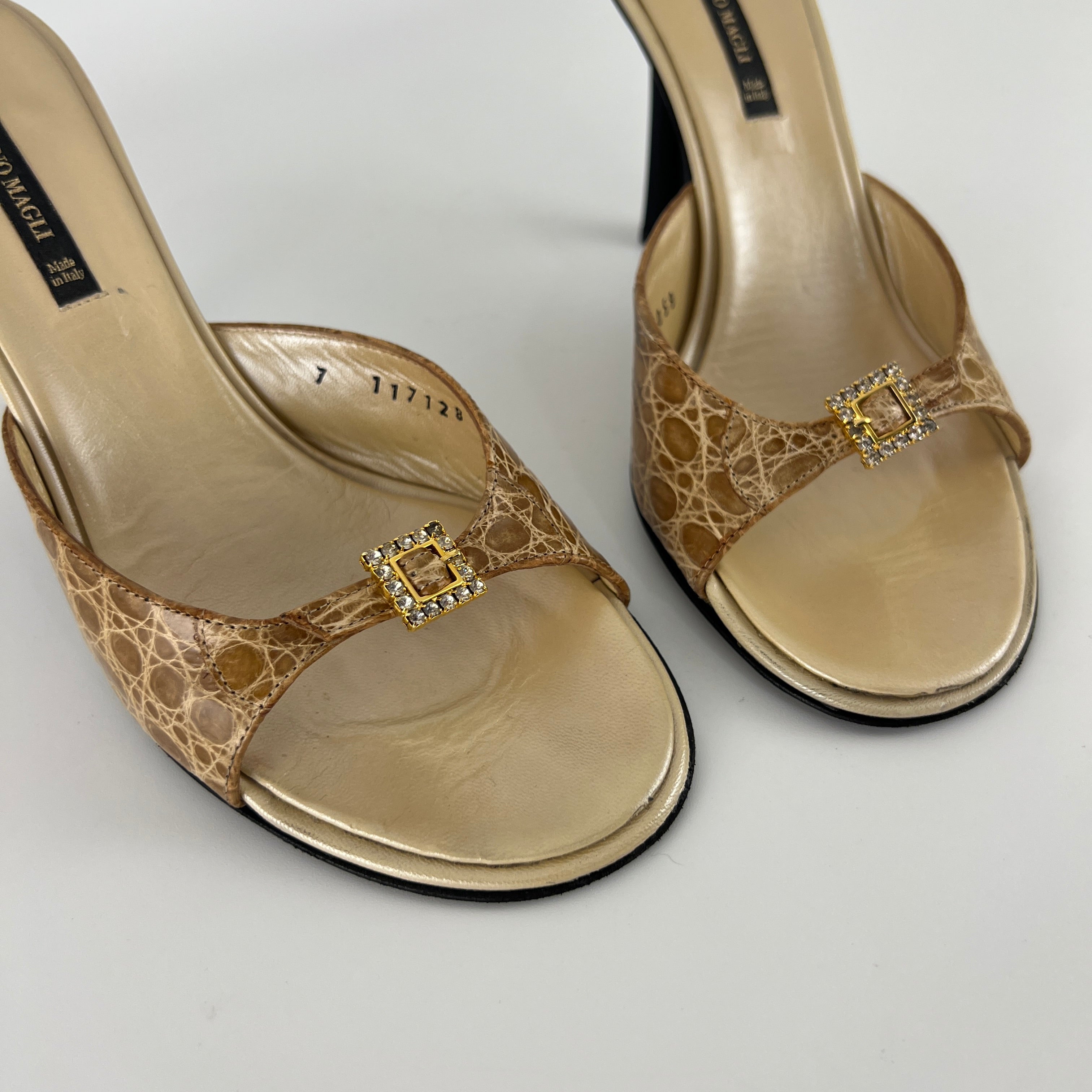 Bruno Magli | Rhinestone Buckle Creme Animal Print Embossed Mules (37)