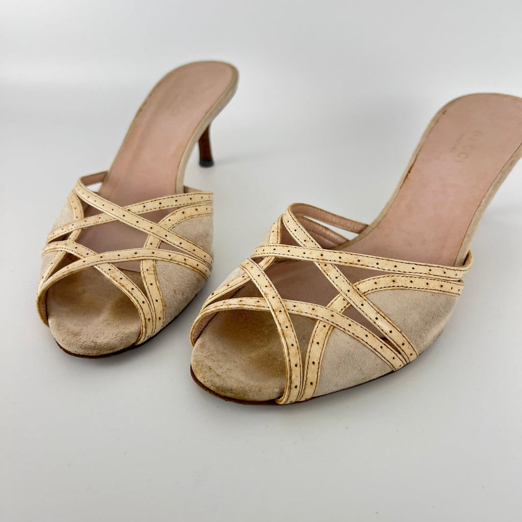 Gucci | Cream Beige Suede Leather Strappy Sandal Slide Mules (36)