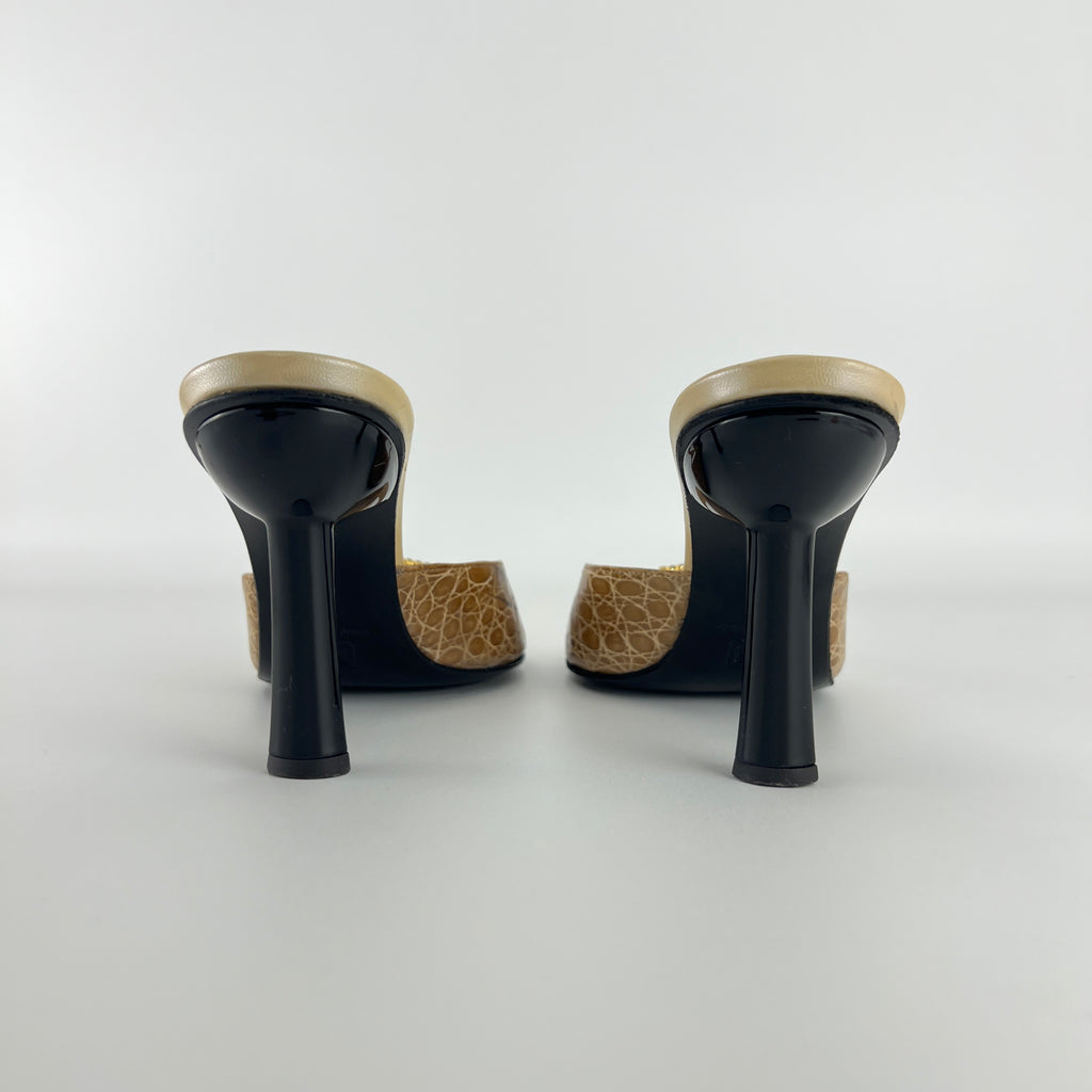 Bruno Magli | Rhinestone Buckle Creme Animal Print Embossed Mules (37)
