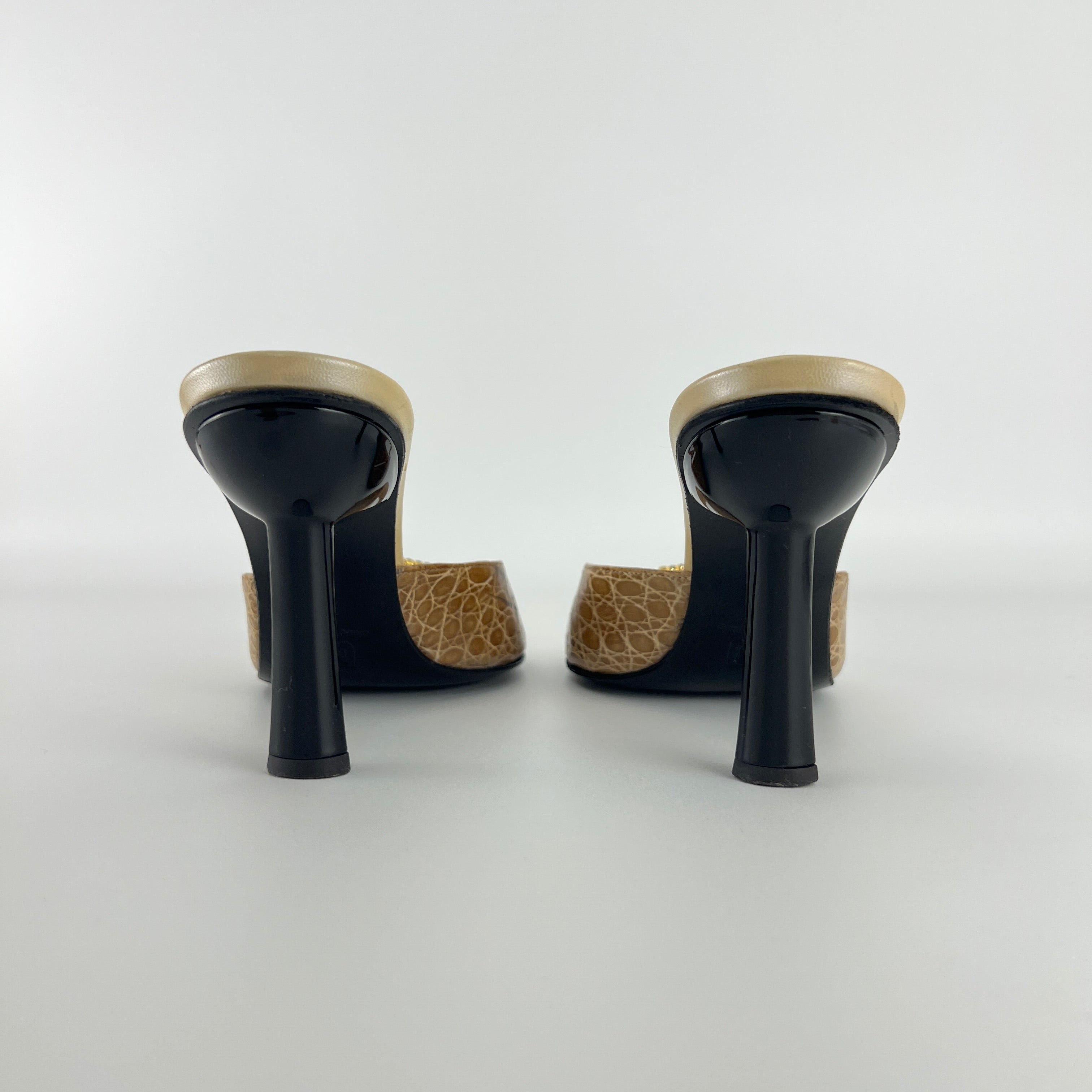 Bruno Magli | Rhinestone Buckle Creme Animal Print Embossed Mules (37)
