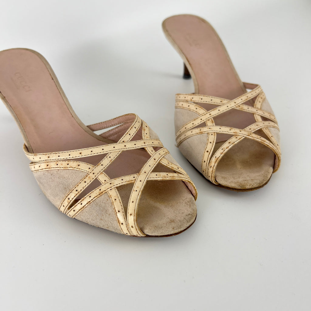 Gucci | Cream Beige Suede Leather Strappy Sandal Slide Mules (36)