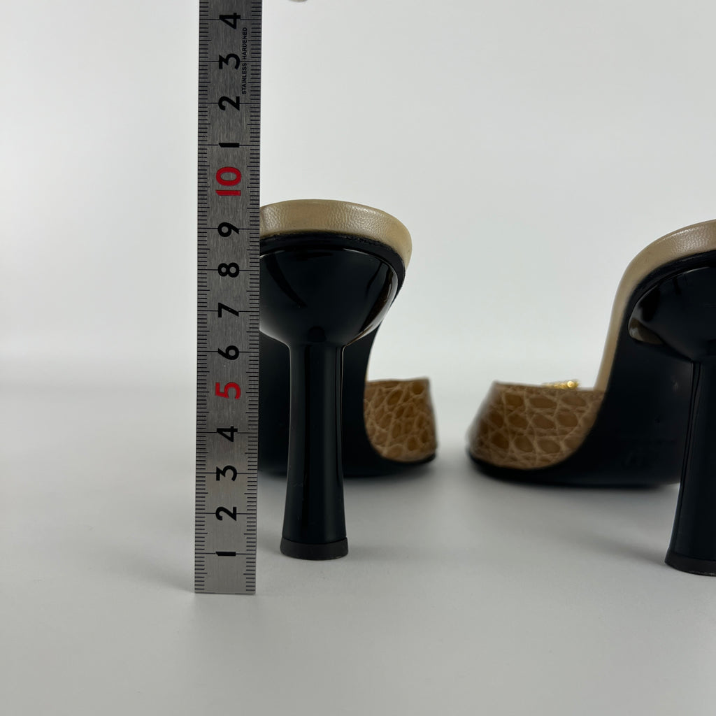 Bruno Magli | Rhinestone Buckle Creme Animal Print Embossed Mules (37)
