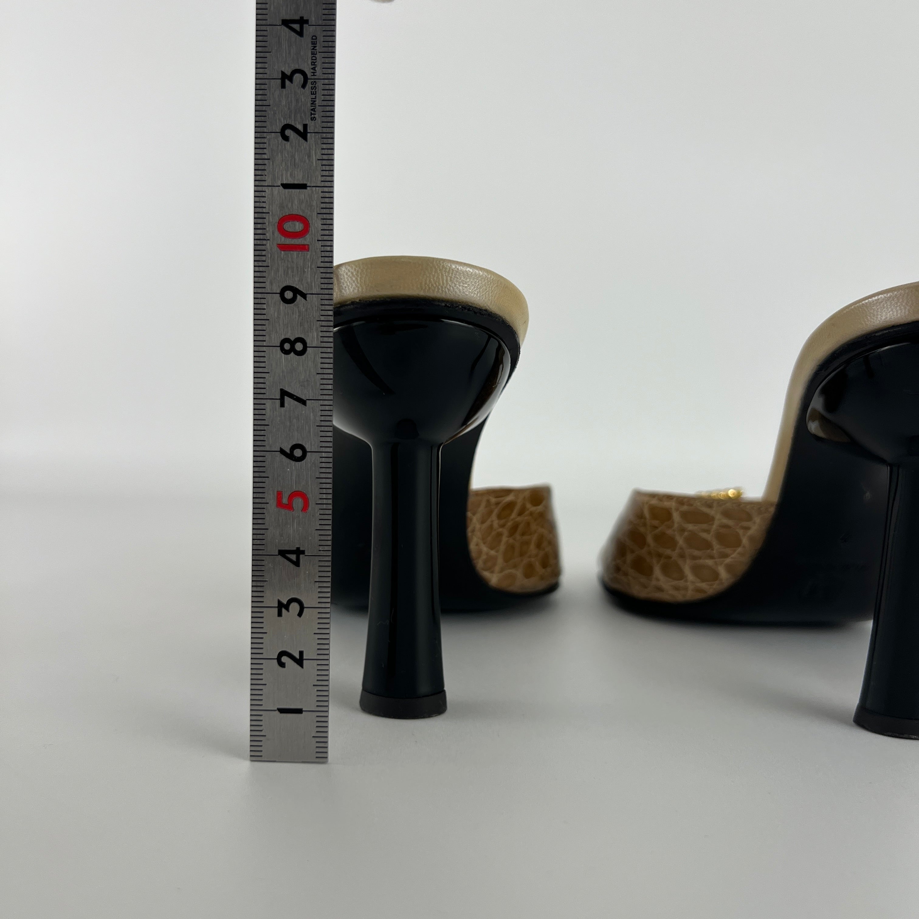Bruno Magli | Rhinestone Buckle Creme Animal Print Embossed Mules (37)