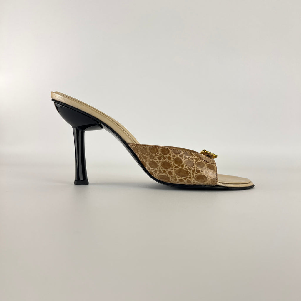 Bruno Magli | Rhinestone Buckle Creme Animal Print Embossed Mules (37)