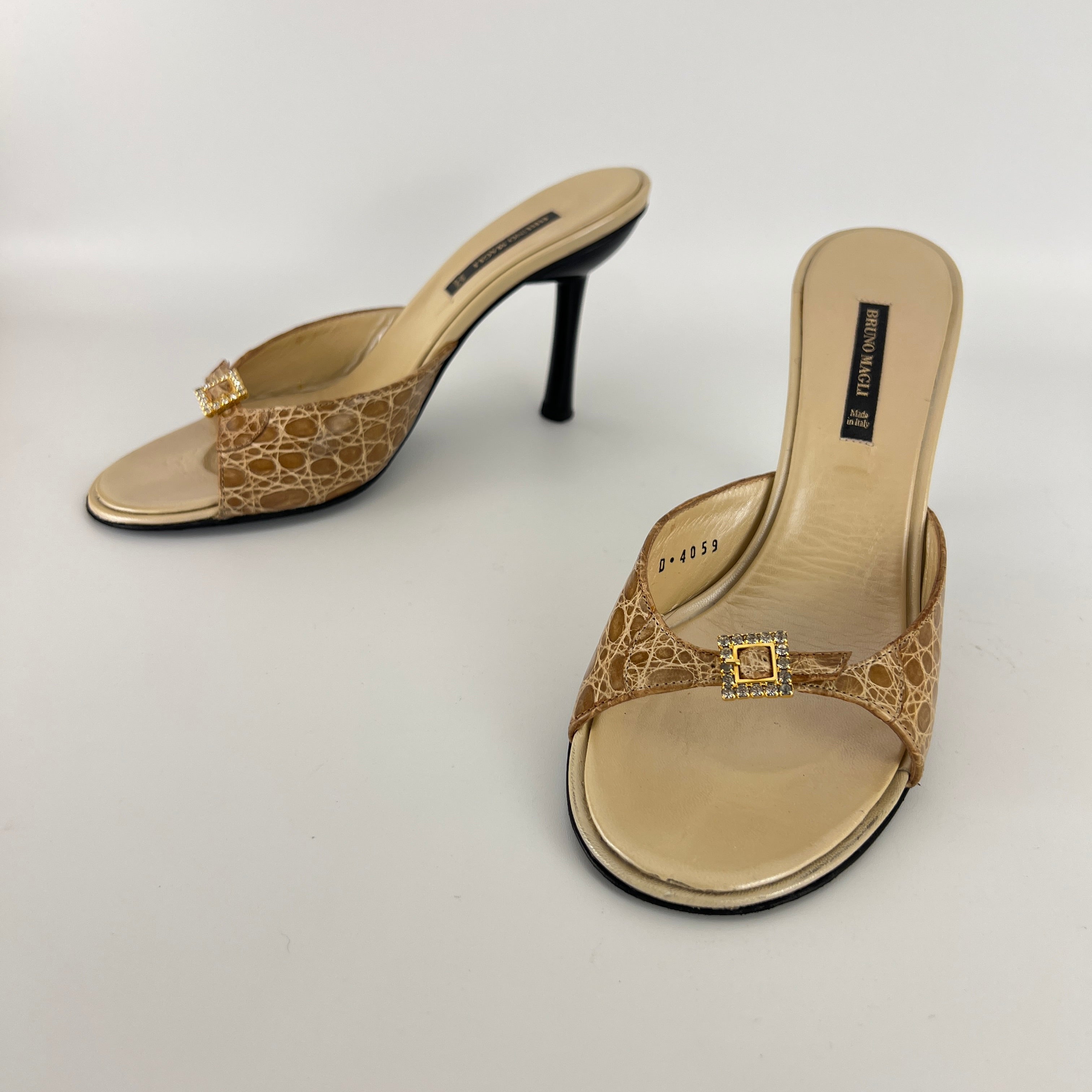 Bruno Magli | Rhinestone Buckle Creme Animal Print Embossed Mules (37)