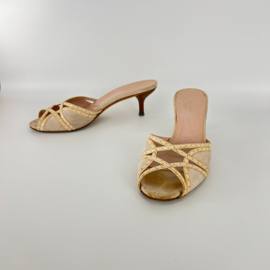 Gucci | Cream Beige Suede Leather Strappy Sandal Slide Mules (36)