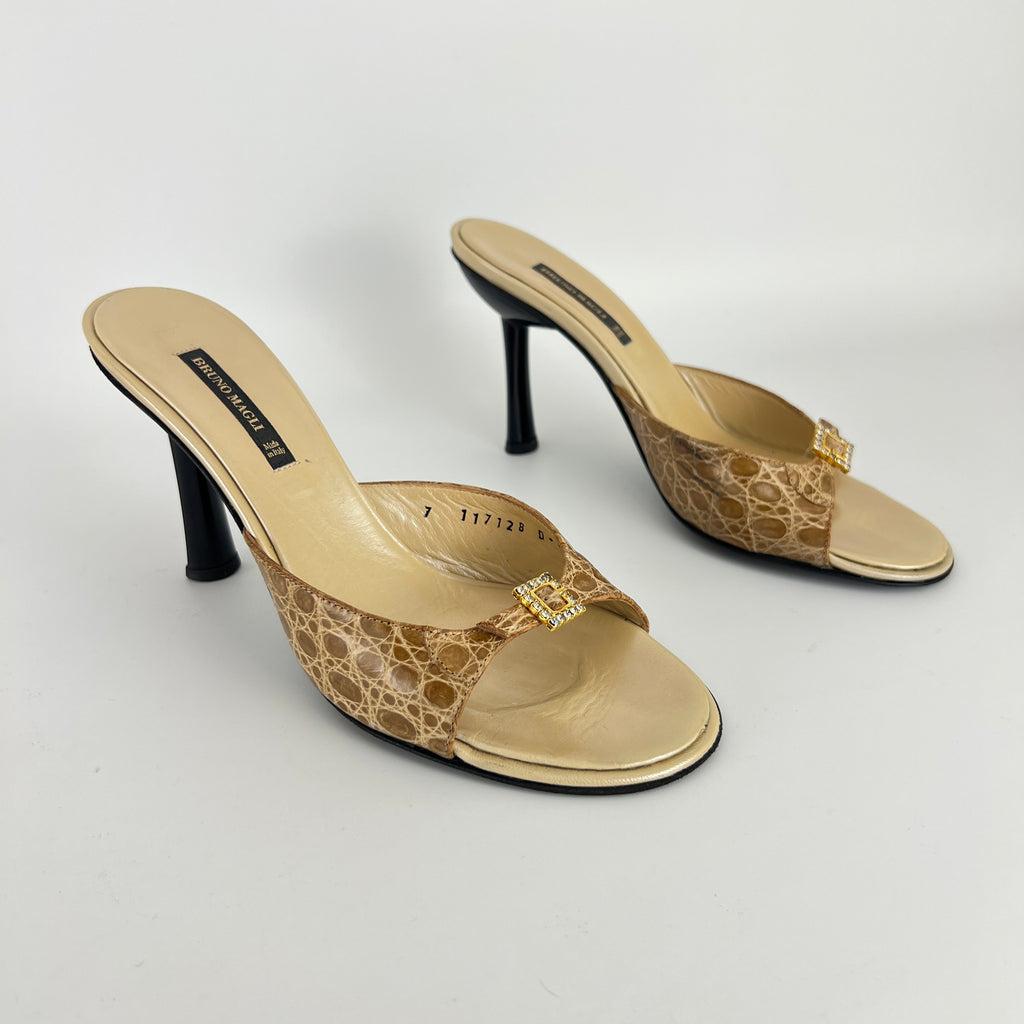 Bruno Magli | Rhinestone Buckle Creme Animal Print Embossed Mules (37)