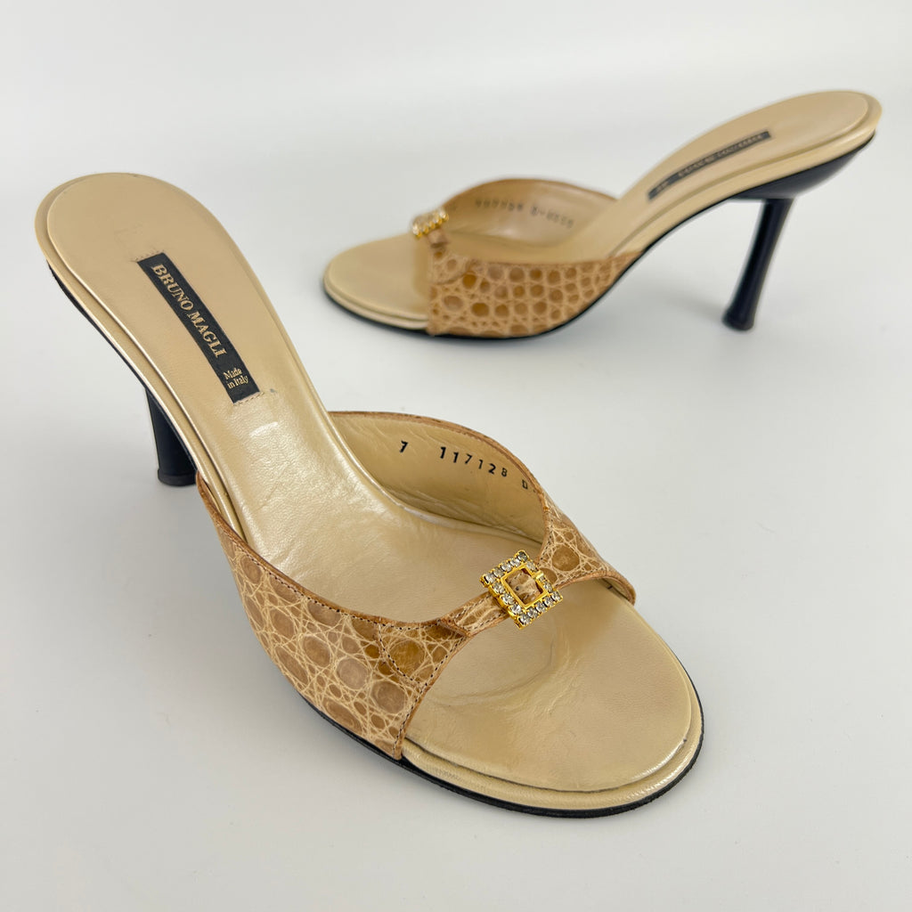 Bruno Magli | Rhinestone Buckle Creme Animal Print Embossed Mules (37)