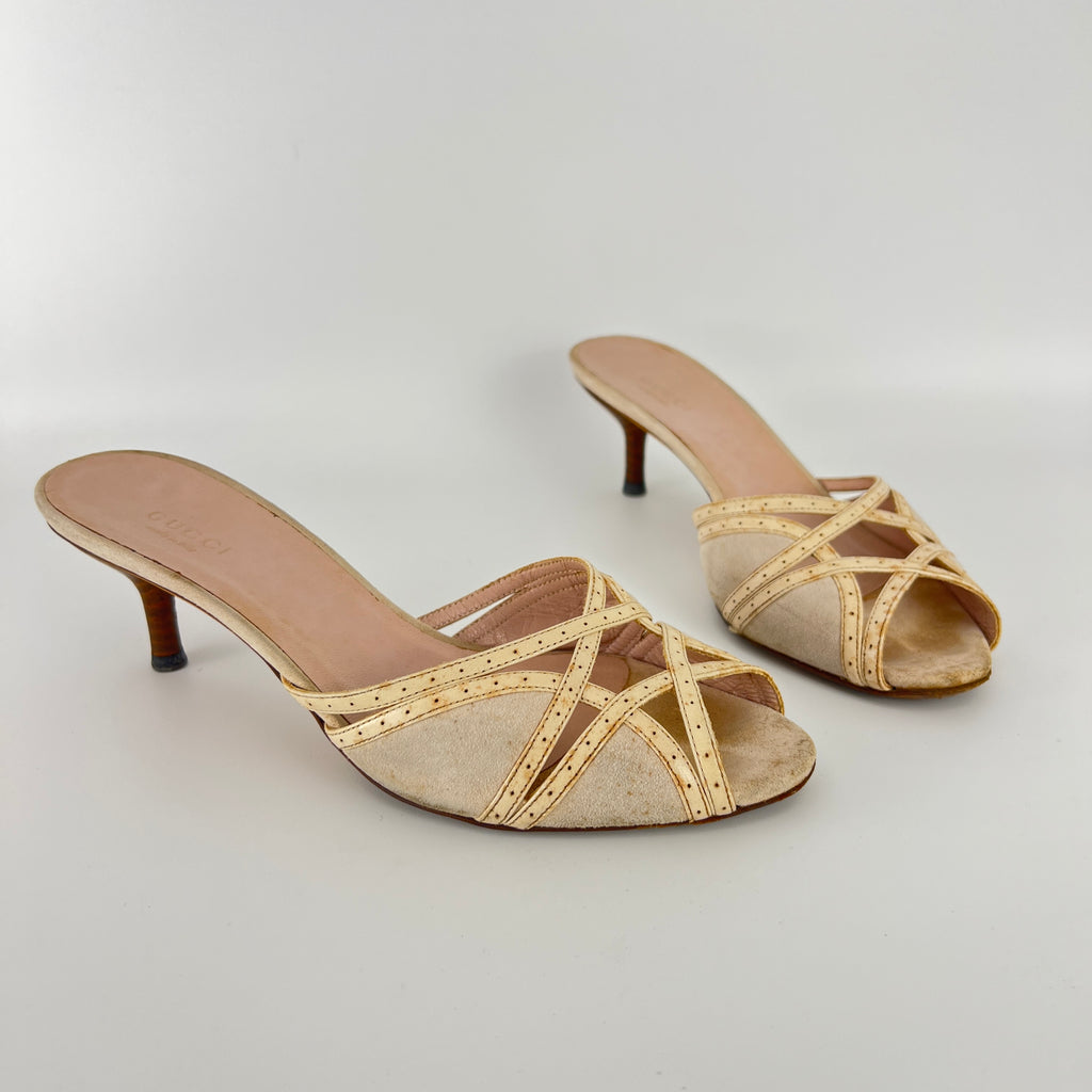 Gucci | Cream Beige Suede Leather Strappy Sandal Slide Mules (36)