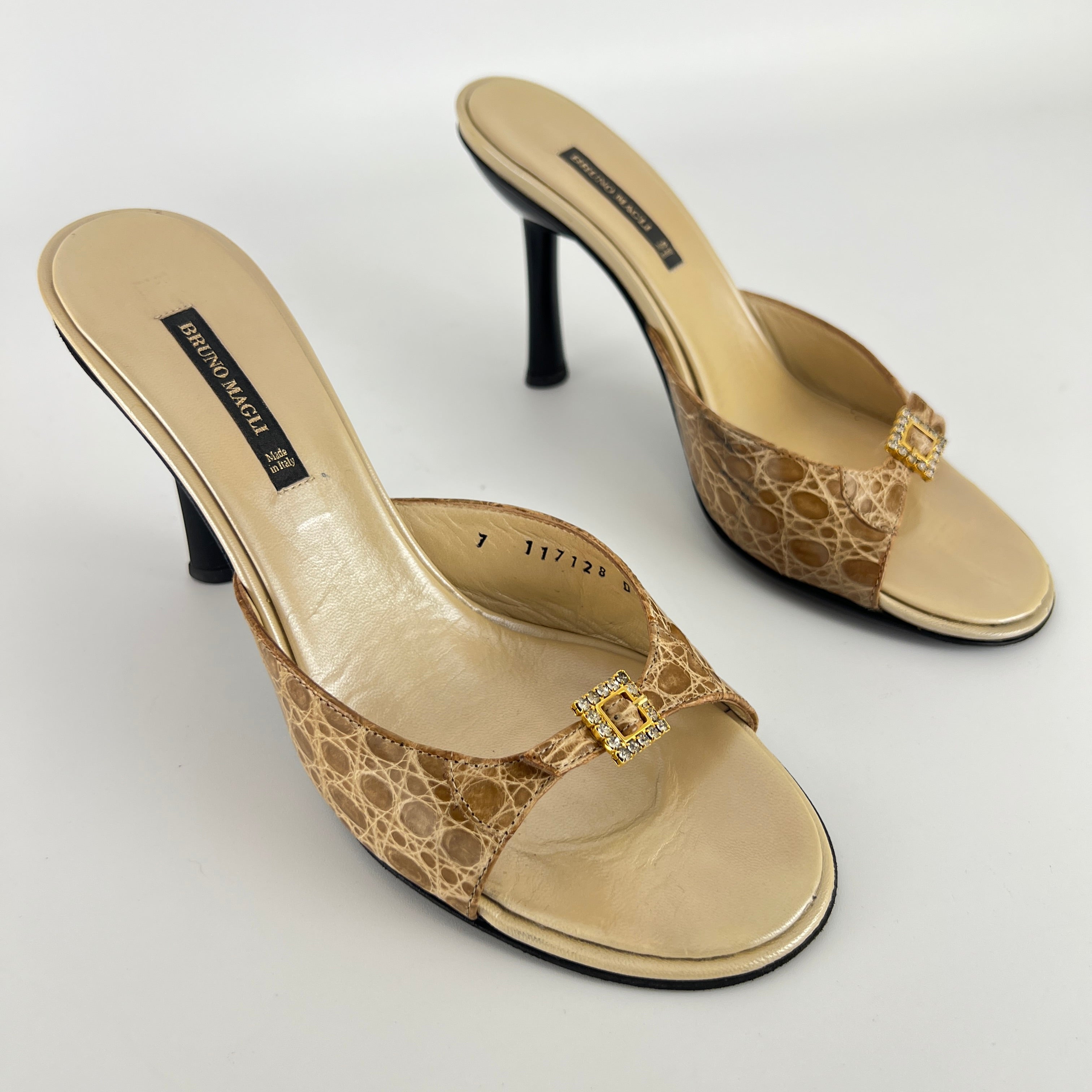 Bruno Magli | Rhinestone Buckle Creme Animal Print Embossed Mules (37)