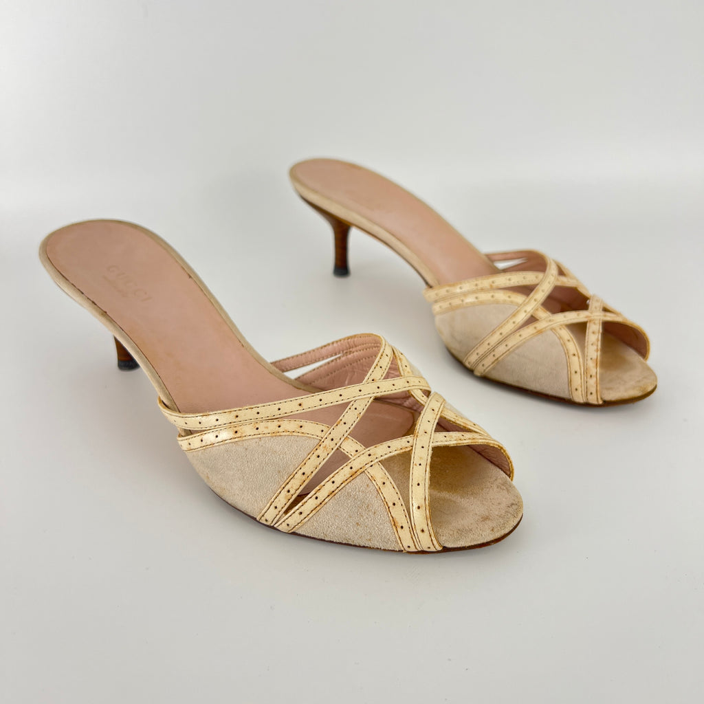 Gucci | Cream Beige Suede Leather Strappy Sandal Slide Mules (36)