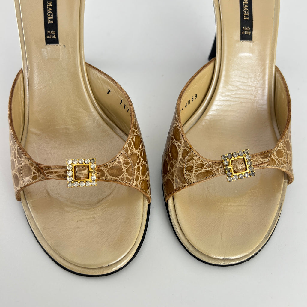 Bruno Magli | Rhinestone Buckle Creme Animal Print Embossed Mules (37)