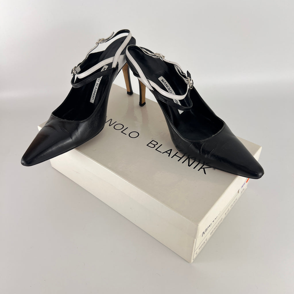 Manolo Blahnik | Black White Pointed Toe Strappy Open Back Heels (37.5)