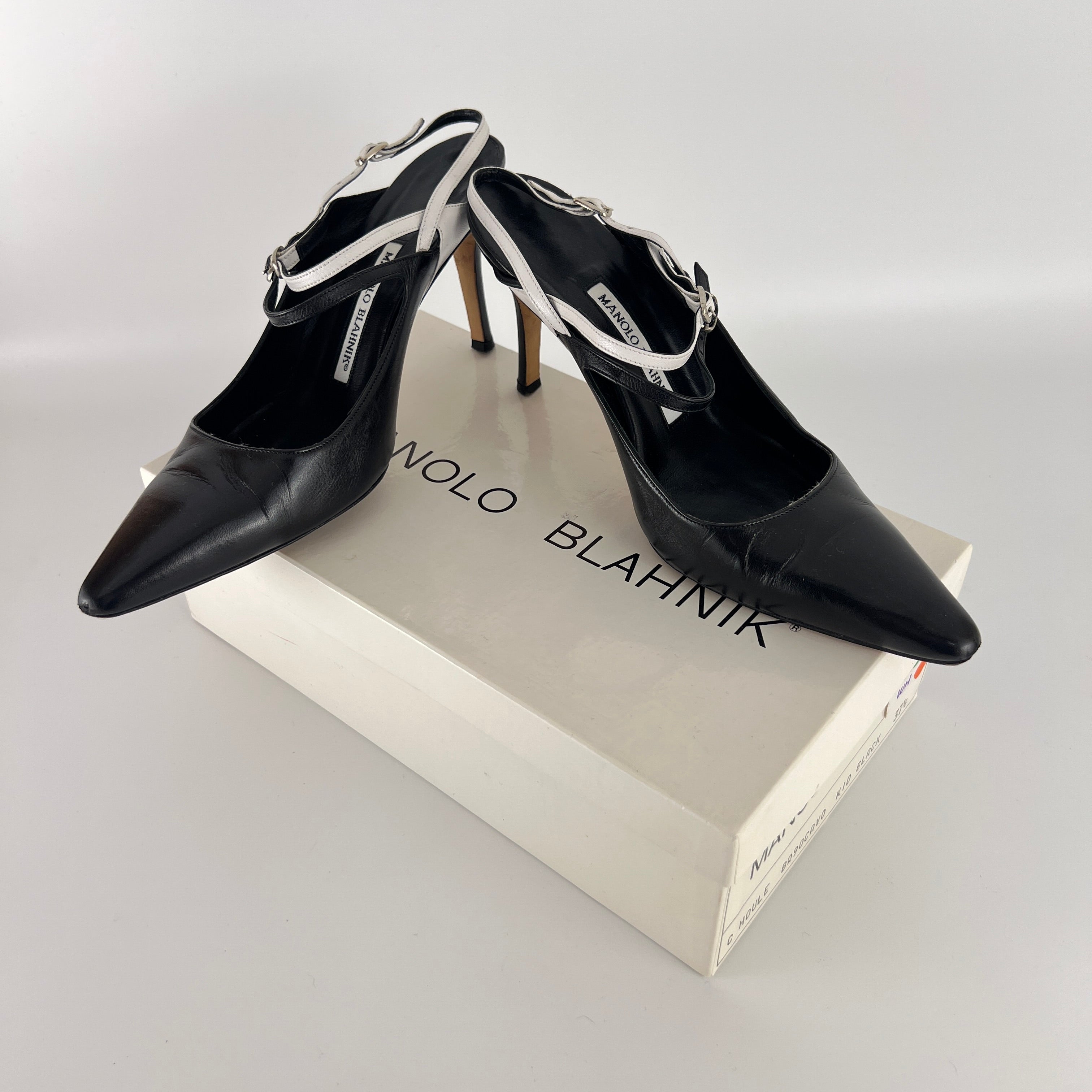 Manolo Blahnik | Black White Pointed Toe Strappy Open Back Heels (37.5)