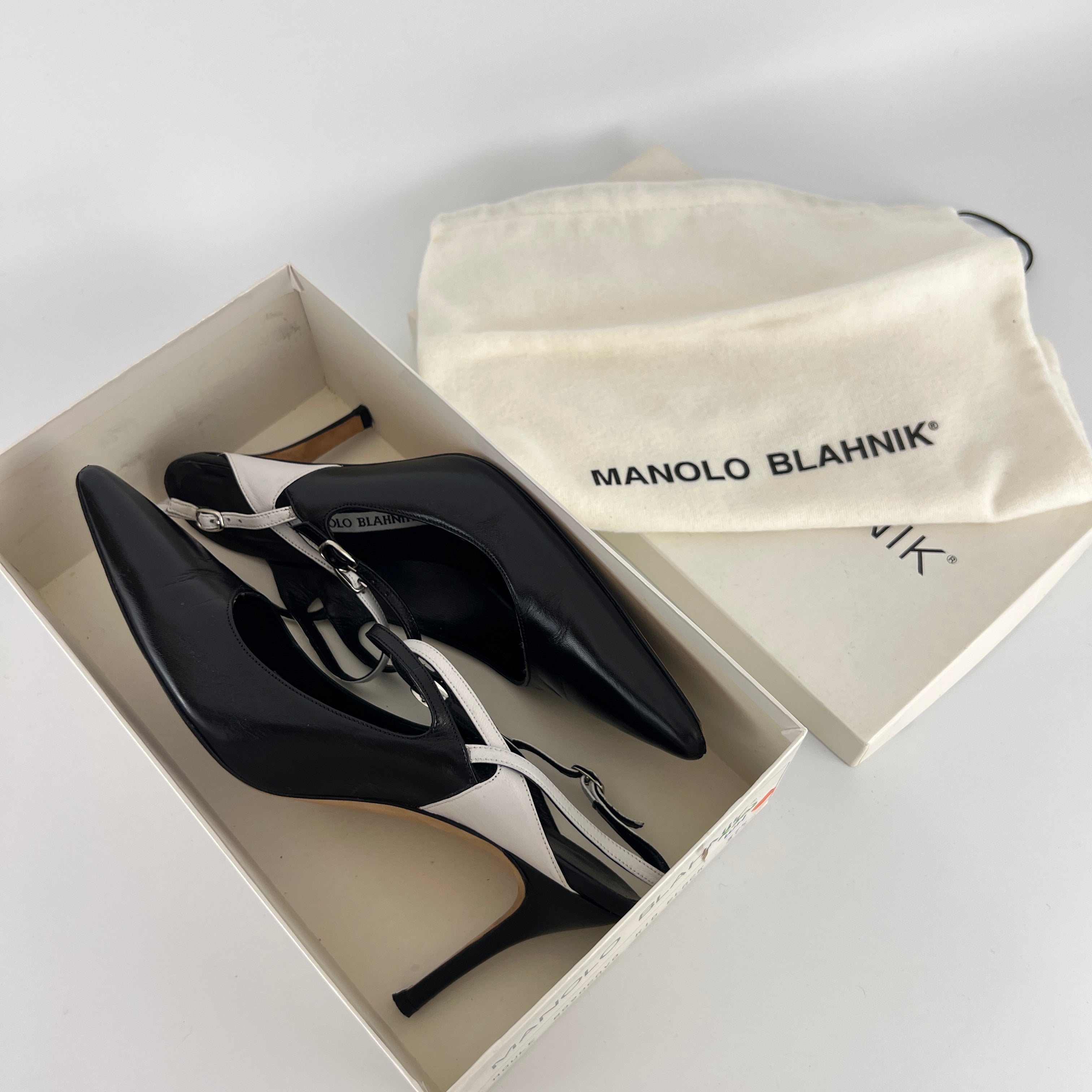 Manolo Blahnik | Black White Pointed Toe Strappy Open Back Heels (37.5)