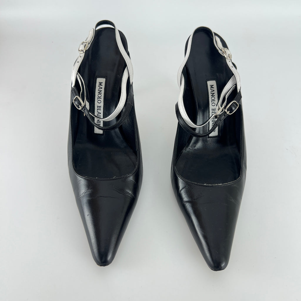 Manolo Blahnik | Black White Pointed Toe Strappy Open Back Heels (37.5)