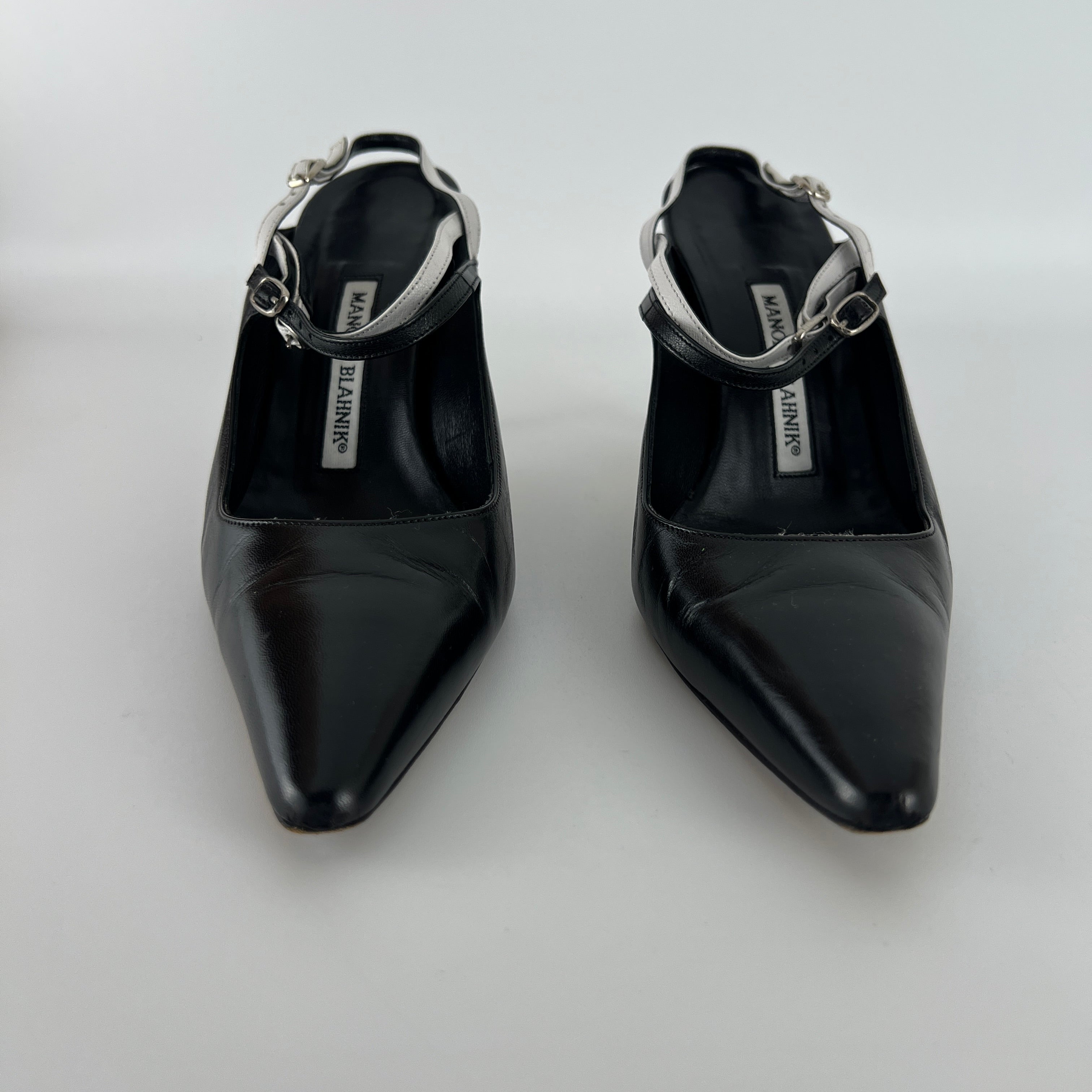 Manolo Blahnik | Black White Pointed Toe Strappy Open Back Heels (37.5)