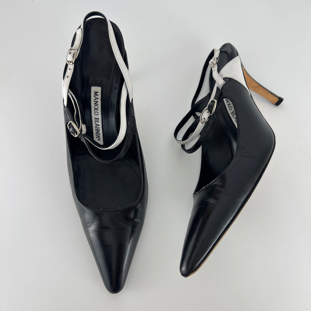 Manolo Blahnik | Black White Pointed Toe Strappy Open Back Heels (37.5)
