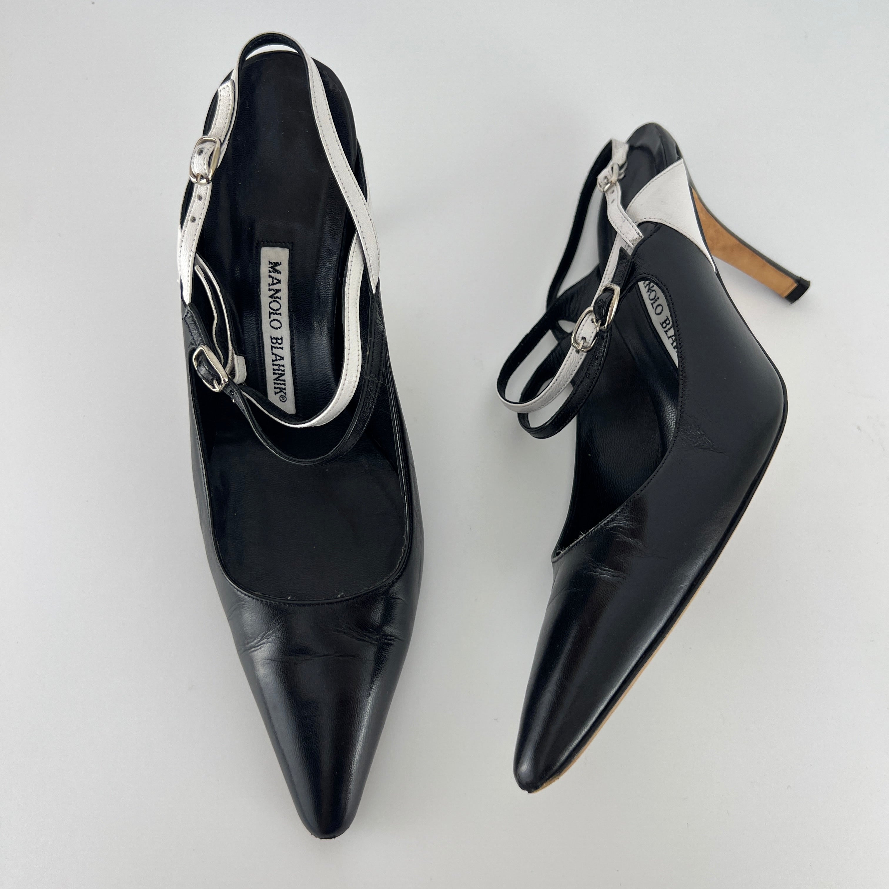 Manolo Blahnik | Black White Pointed Toe Strappy Open Back Heels (37.5)