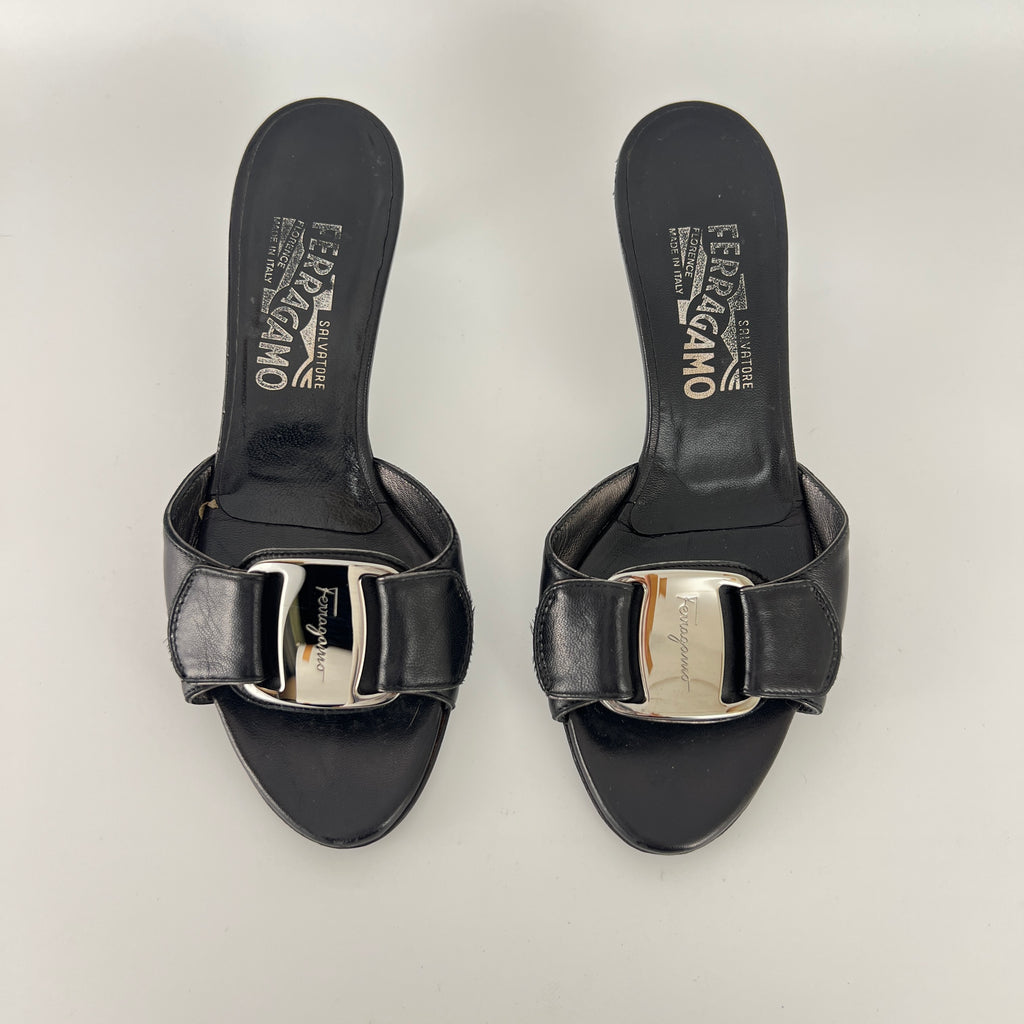 Ferragamo | Black Leather Silver Logo Buckle Slide Sandal Mules (5.5 , 35.5)