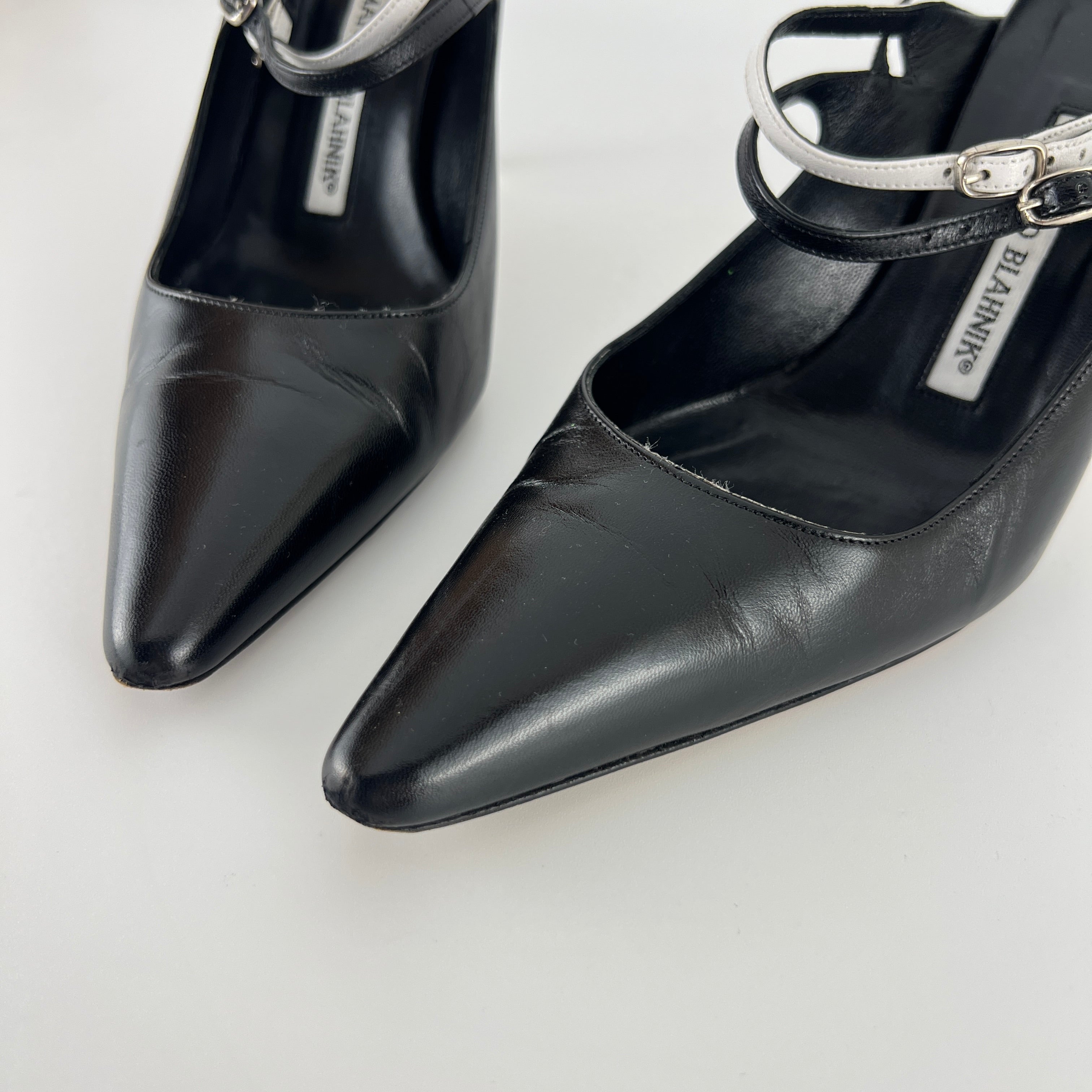 Manolo Blahnik | Black White Pointed Toe Strappy Open Back Heels (37.5)