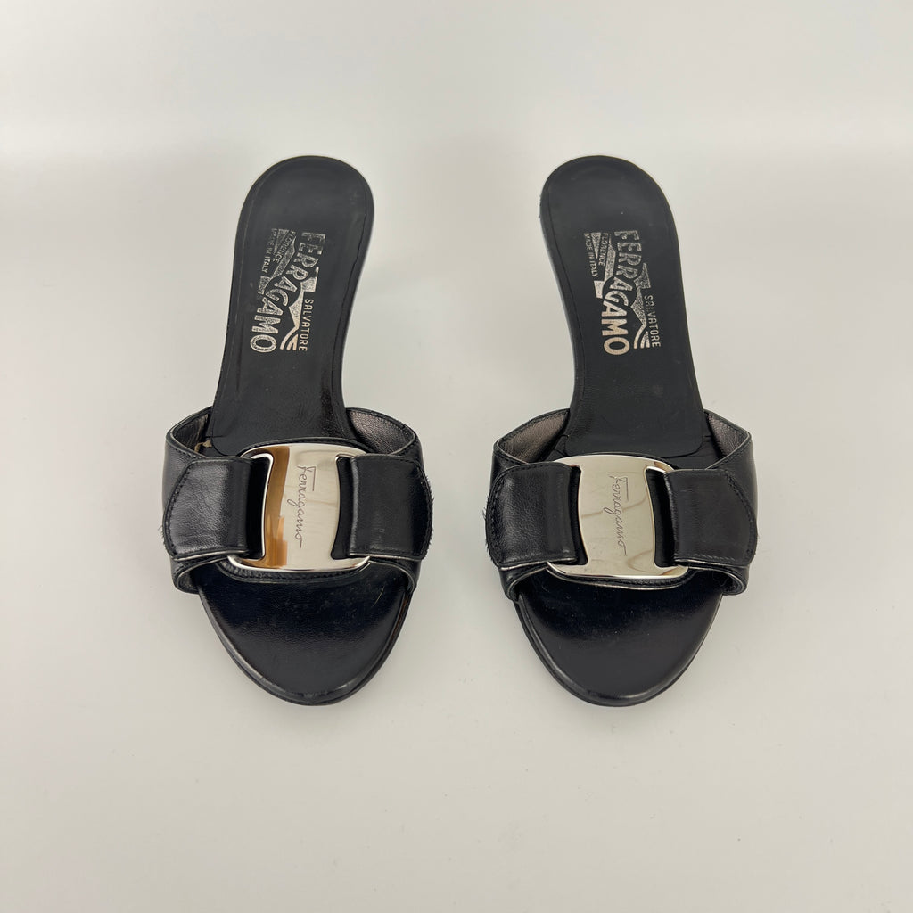 Ferragamo | Black Leather Silver Logo Buckle Slide Sandal Mules (5.5 , 35.5)