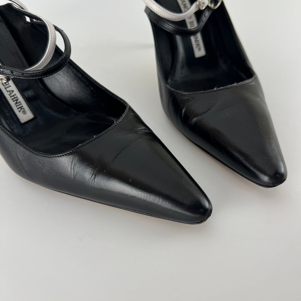 Manolo Blahnik | Black White Pointed Toe Strappy Open Back Heels (37.5)