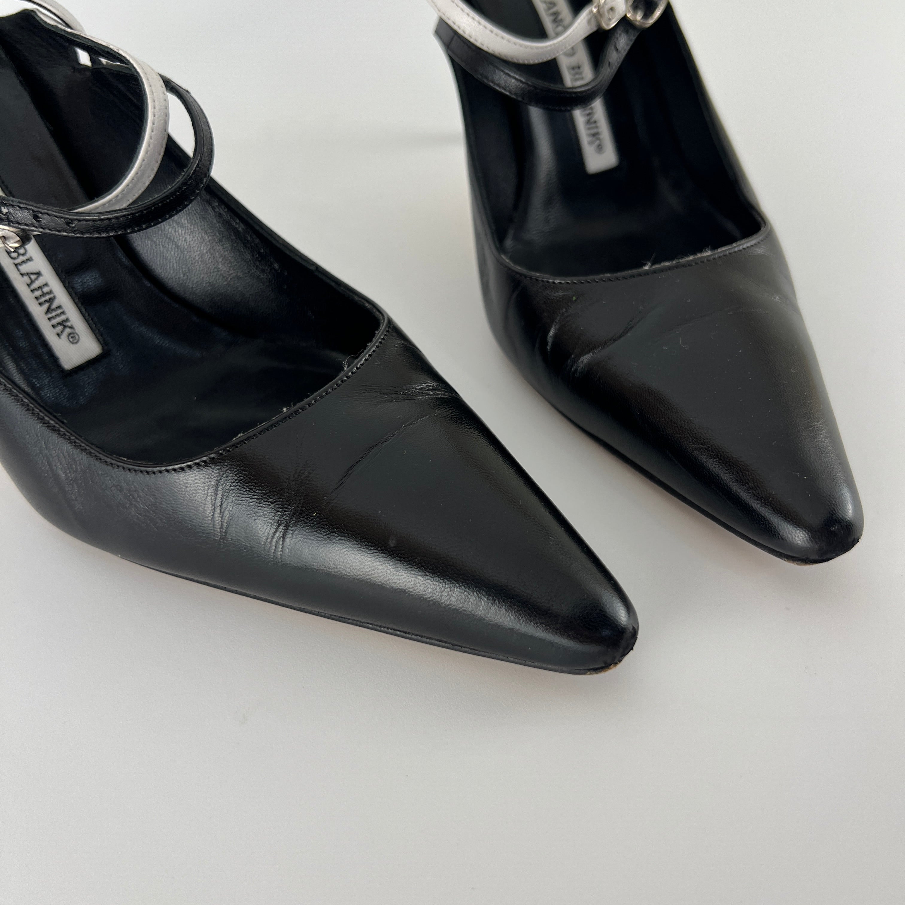 Manolo Blahnik | Black White Pointed Toe Strappy Open Back Heels (37.5)