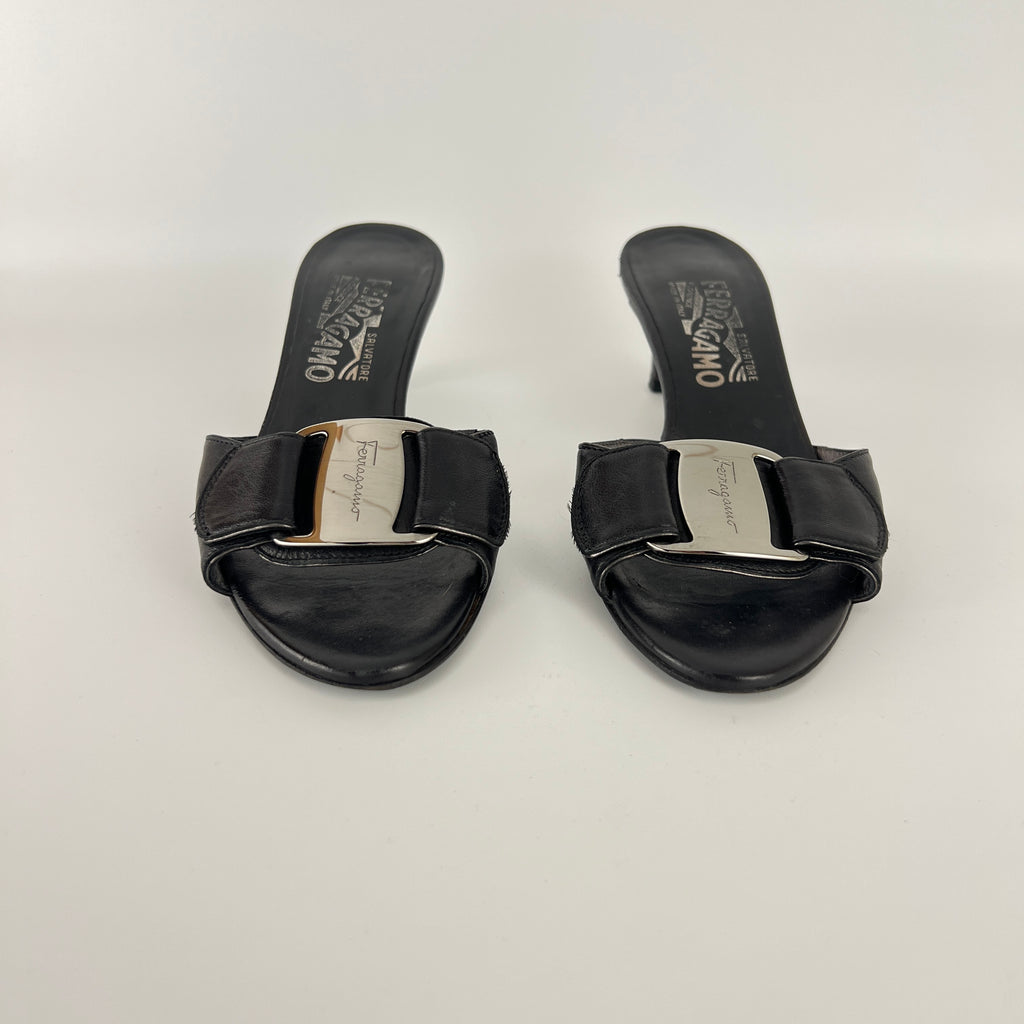 Ferragamo | Black Leather Silver Logo Buckle Slide Sandal Mules (5.5 , 35.5)