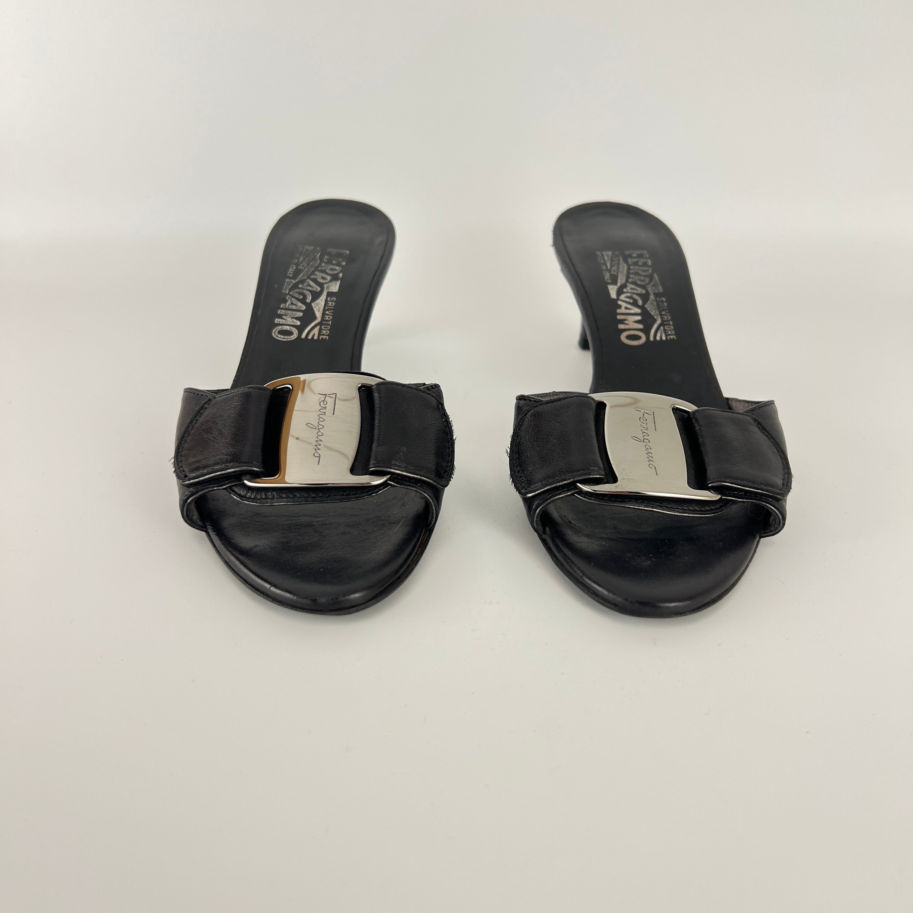 Ferragamo | Black Leather Silver Logo Buckle Slide Sandal Mules (5.5 , 35.5)